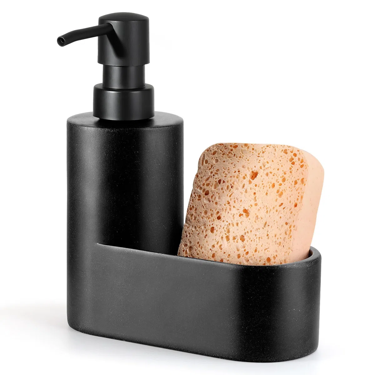 Shinowa Dispenser di Sapone per Piatti con Supporto per Spugna, Riempibile Distributore di Sapone da Cucina, Erogatore di Sapone da Banco 2 in 1 per Lavello di Cucina e Bagno, Nero Ghiaia