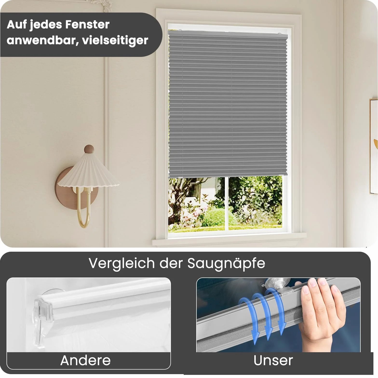 WOLTU Tenda Plissettata Senza Foratura con Ventose, Tenda a Pieghe Interna Semitrasparente per Protezione Solare, Adatta per Finestre Comuni, Lucernari e Portefinestre, 75x120 cm, Grigio