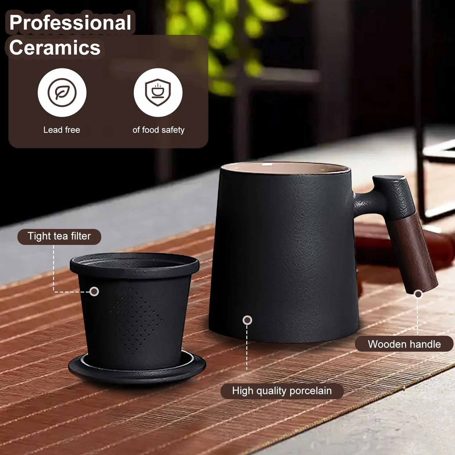 mumisuto 400ml Tazza Di Ceramica Con Filtro E Coperchio E Manico, Lavabile In Lavastoviglie, Tazza Grande Per La Macerazione Del Tè Per I Fogli Sciolti, Regalo Per Compleanno Natale E Vacanze (Nero)