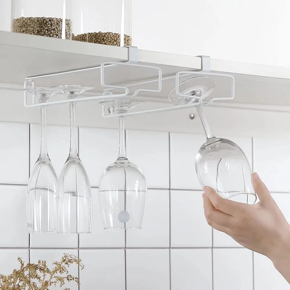 4 Pezzi Porta Bicchieri da Vino Sospeso Supporto per Calici di Vino Sottopensile Rack per Calici Senza Foratura Scolabicchieri Vino in Metallo per Bar Ristorante Cucina (Bianco)