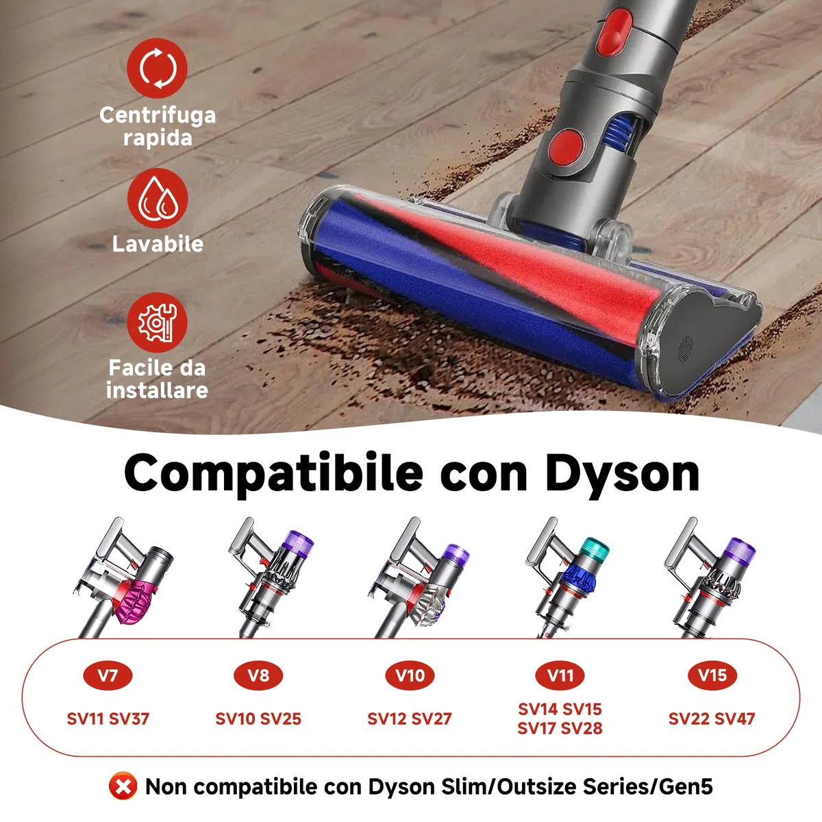 Bocchetta per Dyson V8 V15 V10 V7 SV10 SV12 SV14, Spazzola per Dyson aspirapolvere,adatta a pavimenti duri,La soft roller cleaner head assy è sostituisce le parti NO.966489-12 e 966489-11