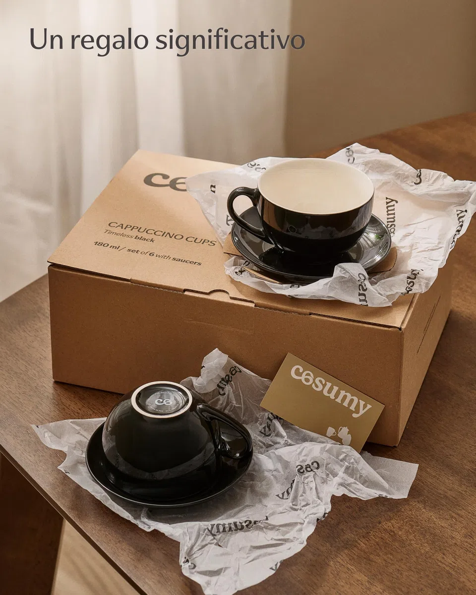 Cosumy Set Tazzine Caffè 6 Pezzi - Tazze Cappuccino Nere con Piattini - Tazzine Caffe Particolari in Ceramica - Tazze Colazione & Tazze Caffè - Lavabili in Lavastoviglie - Scatola Regalo - 180 ml