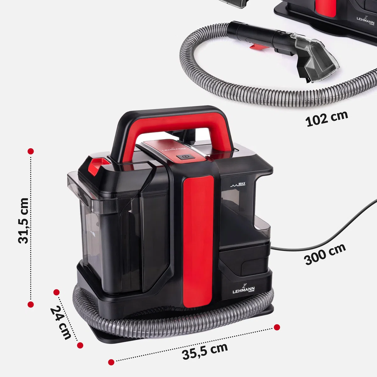 LEHMANN EasyWash Lavatappeti Portatile - Aspirapolvere Lava e Asciuga - Sistema a Doppio Serbatoio - Lava Tappezzeria, Tappeti, Moquette, Materassi e Pulisci Divani - Accessori Inclusi - 750 W