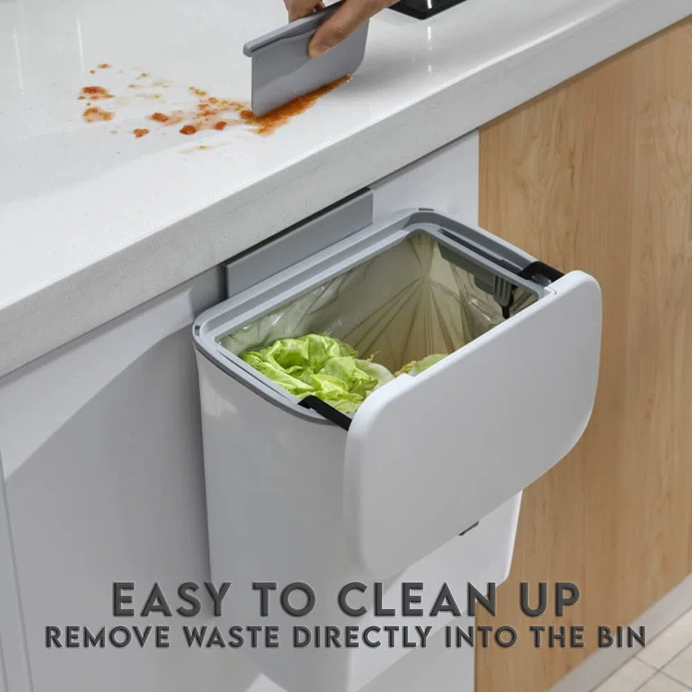 OHMG Pattumiera per compost da cucina, 9 l, piano di lavoro o sotto il lavandino, piccola pattumiera sospesa con coperchio per bagno e camera da letto, secchio per compost per interni