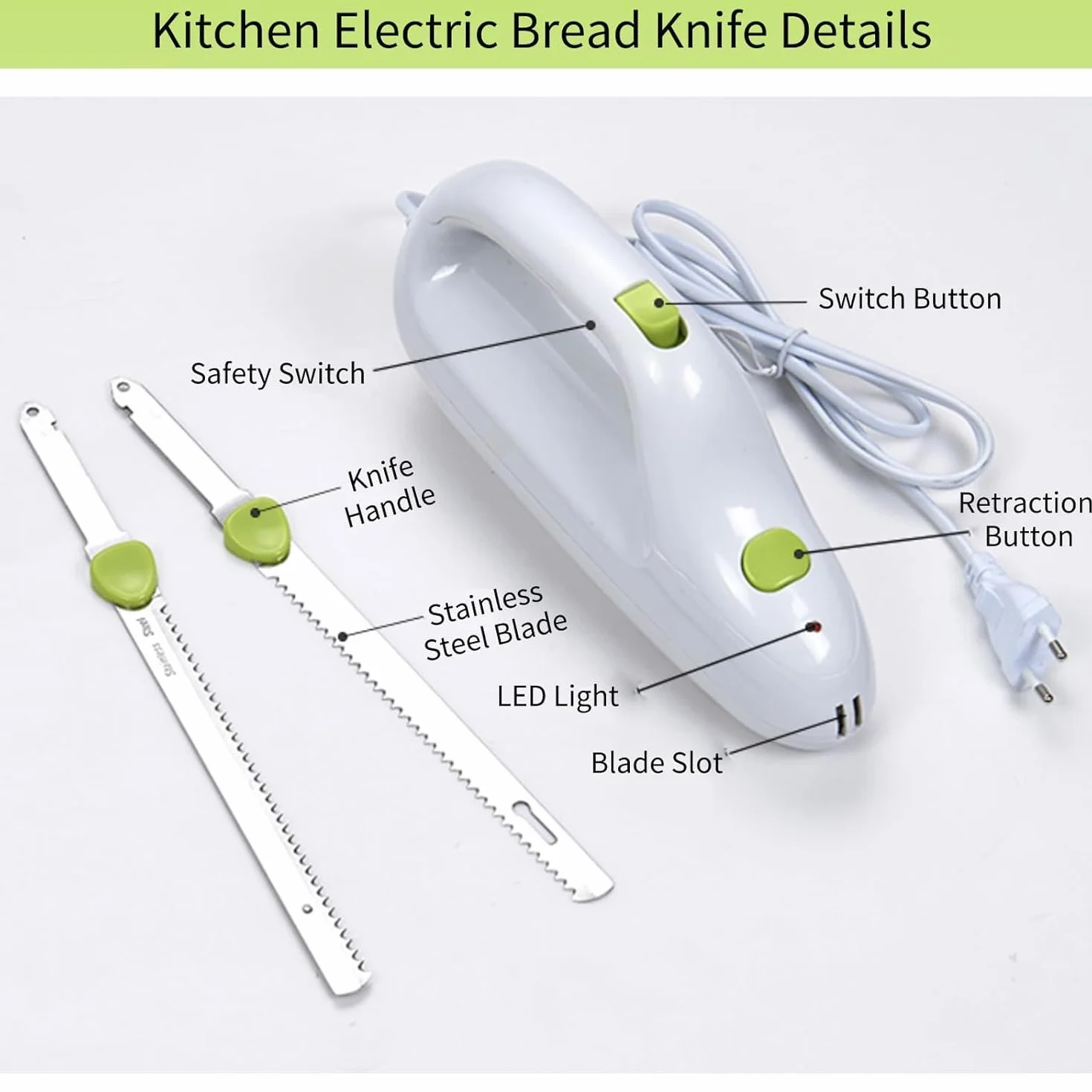 Zerodis - Coltello elettrico dentato per carne, portatile, ideale per pane, carne congelata, prosciutto, pomodori e tacchino, manico ergonomico, leggero e facile da pulire