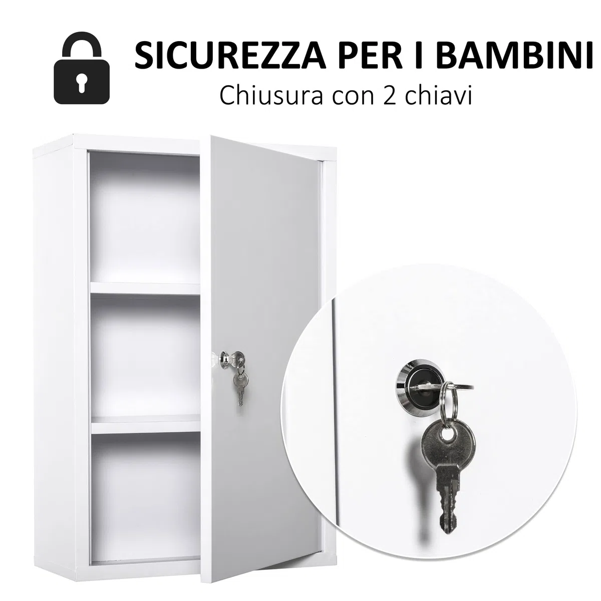 kleankin Armadietto Medicinali a 3 Livelli in Acciaio con 2 Chiavi e Montaggio a Parete, 40x18x60 cm, Bianco