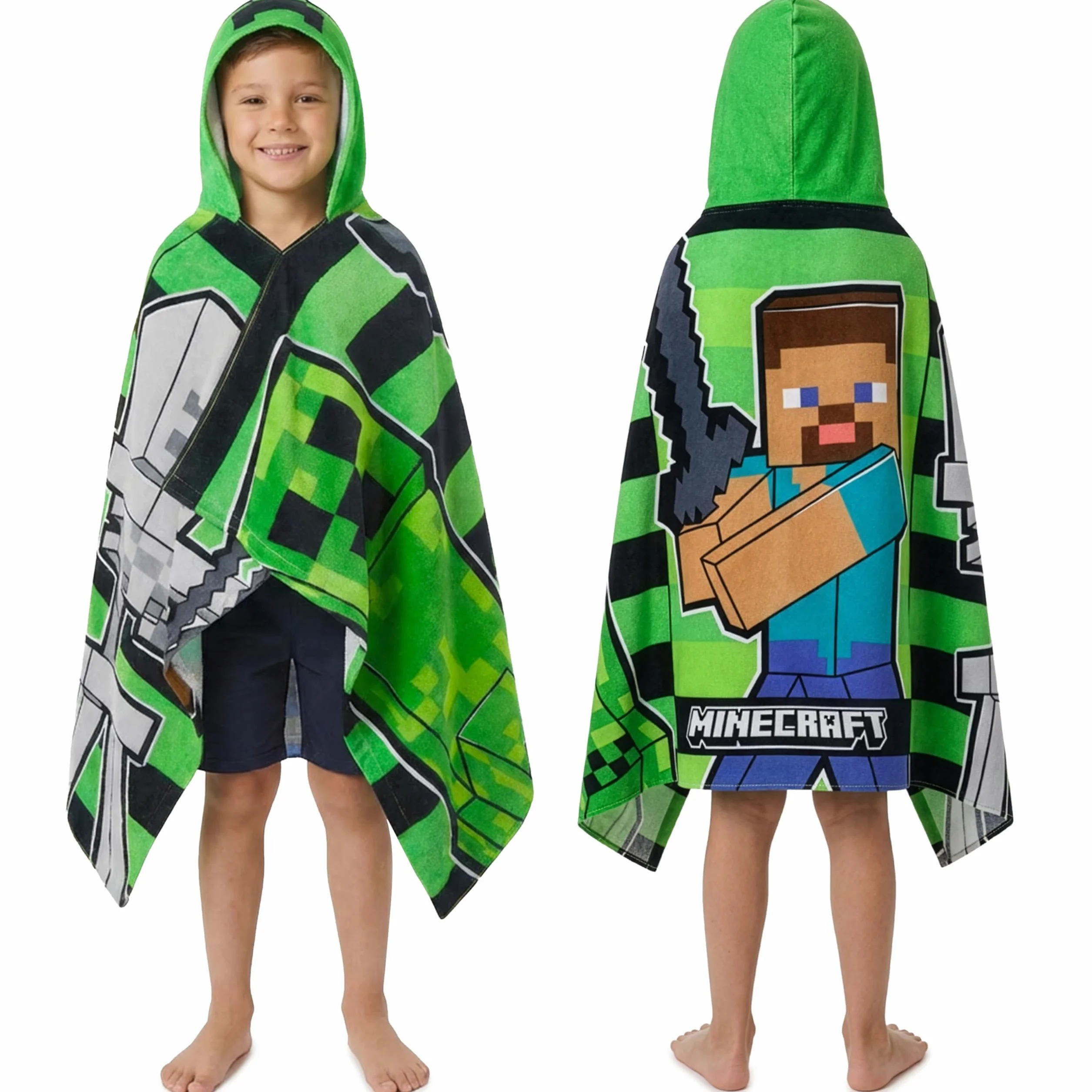Minecraft Asciugamani Bagno con Cappuccio Asciugamano Doccia Ragazzi Creeper Accappatoio Poncho Bambino Telo Mare Bambini Idee Regalo (Verde/Nero, 6-14 Anni)