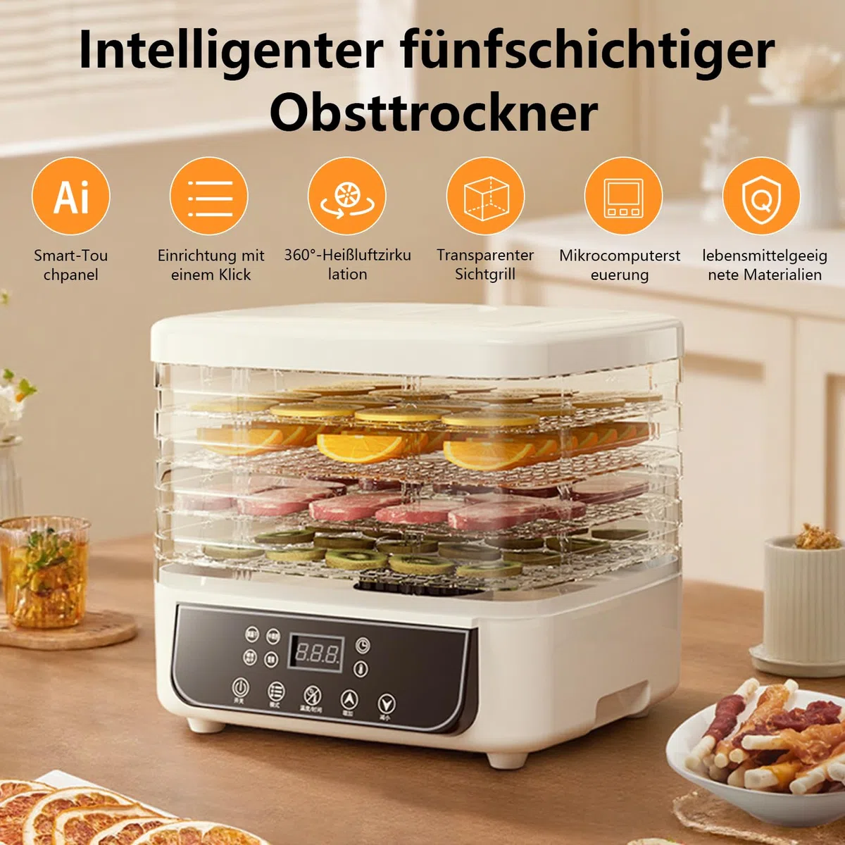 Essiccatore per frutta multifunzione con 5 scomparti, timer 72 ore, essiccatore per frutta con indicatore LED, essiccatore per carne, pesce, verdure