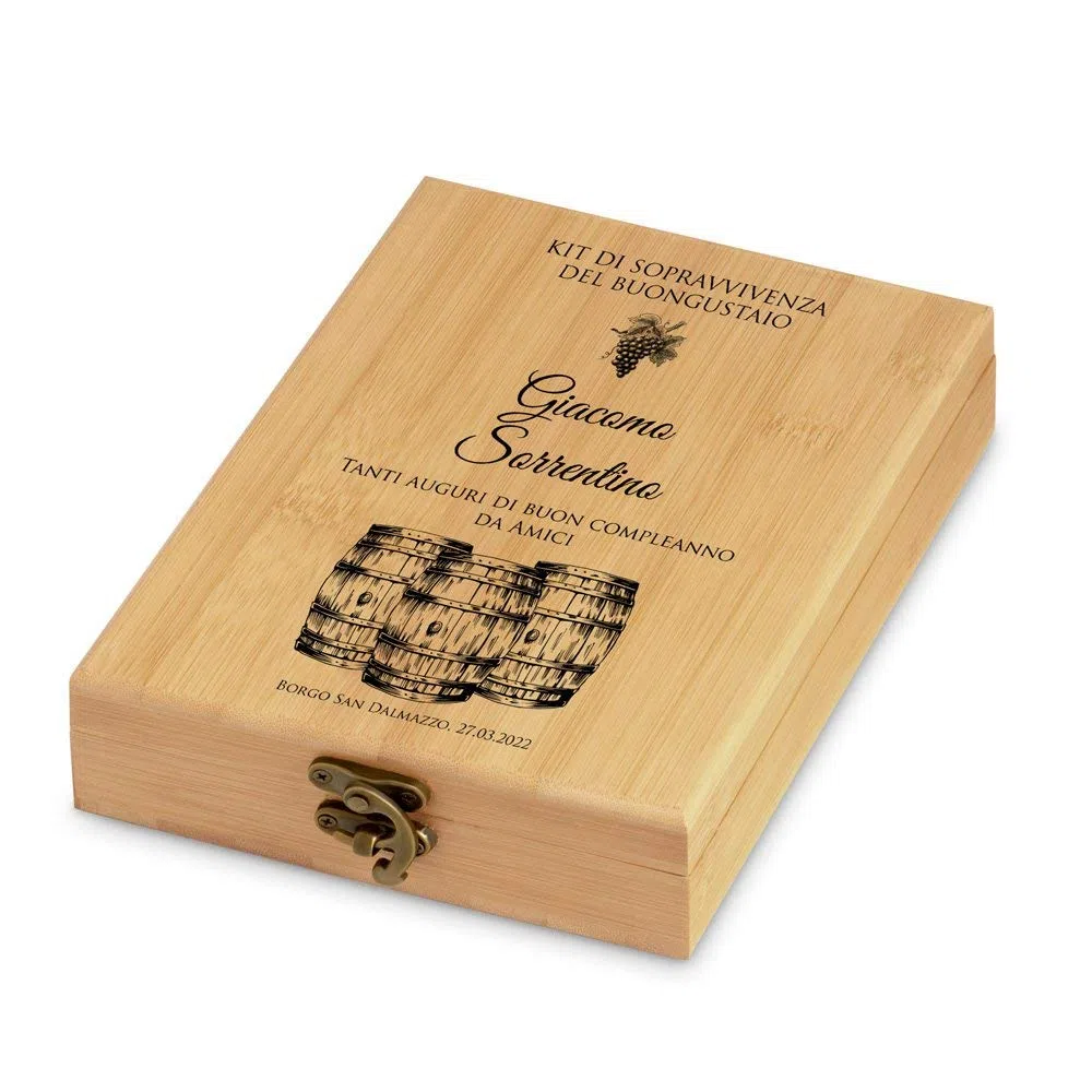 Maverton Set Cavatappi da Vino - Kit da Sommelier Degustazione Perfetta Personalizzato - Scatola in Legno di bambù + 4 Pezzi di Accessori Vino - Regalo Uomo - Regalo di Natale - Kit di buongustaio