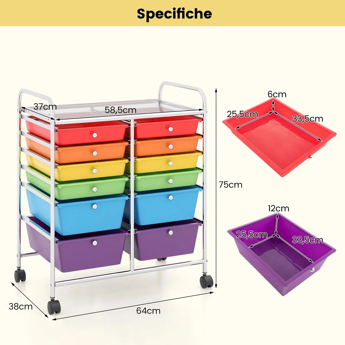 COSTWAY Carrello con 12 Cassetti con Ruote, Carrello di Stoccaggio Multiuso con Ampio Spazio di Archiviazione, Ideale per Casa Ufficio Domestico, 73,5 x 37 x 63 cm (Colorato)