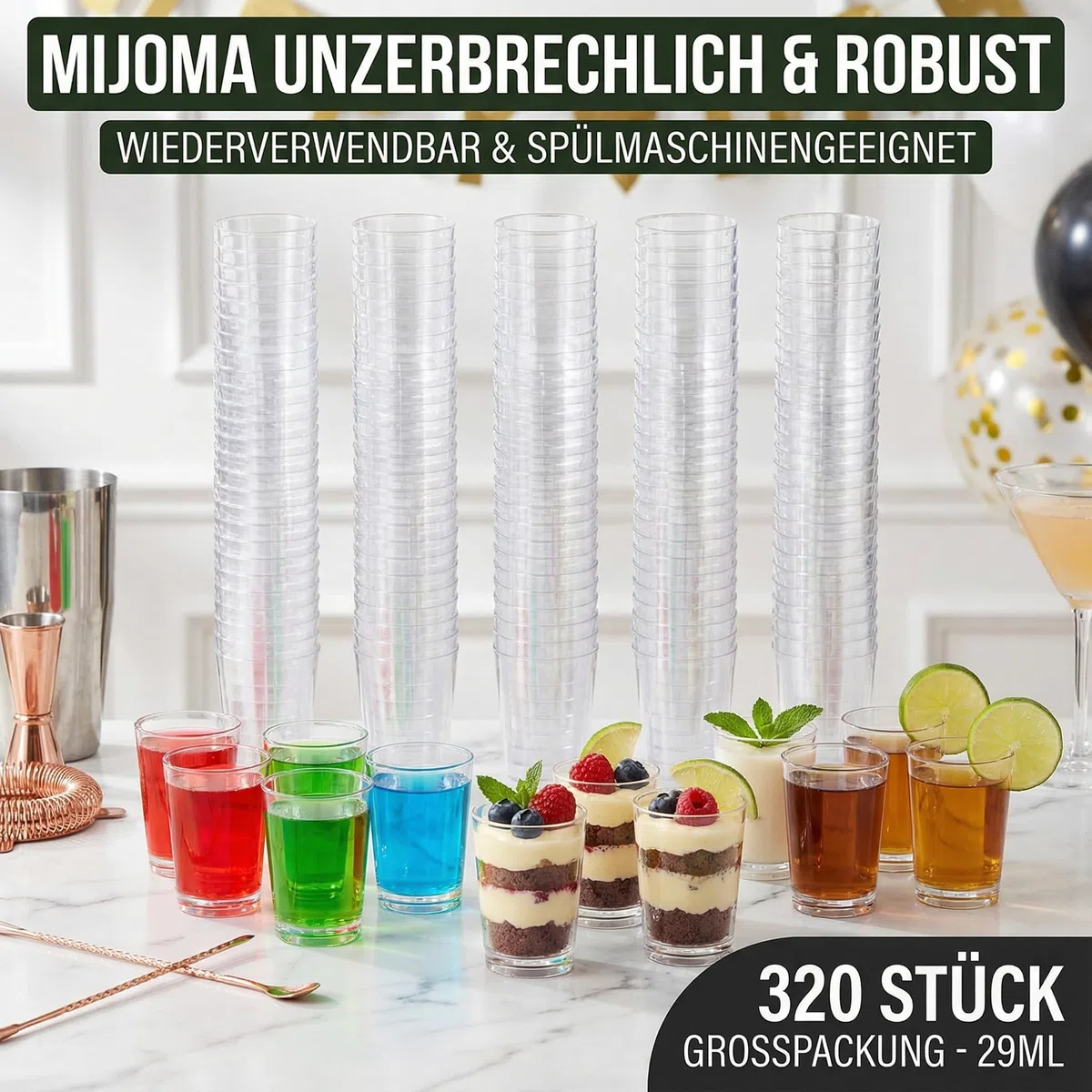 MIJOMA Bicchieri da liquore infrangibili in plastica, resistenti bicchierini per shot. Jello Shot, dessert, feste, matrimoni, compleanni, lavabili in lavastoviglie, riutilizzabili, 29 ml (trasparente,