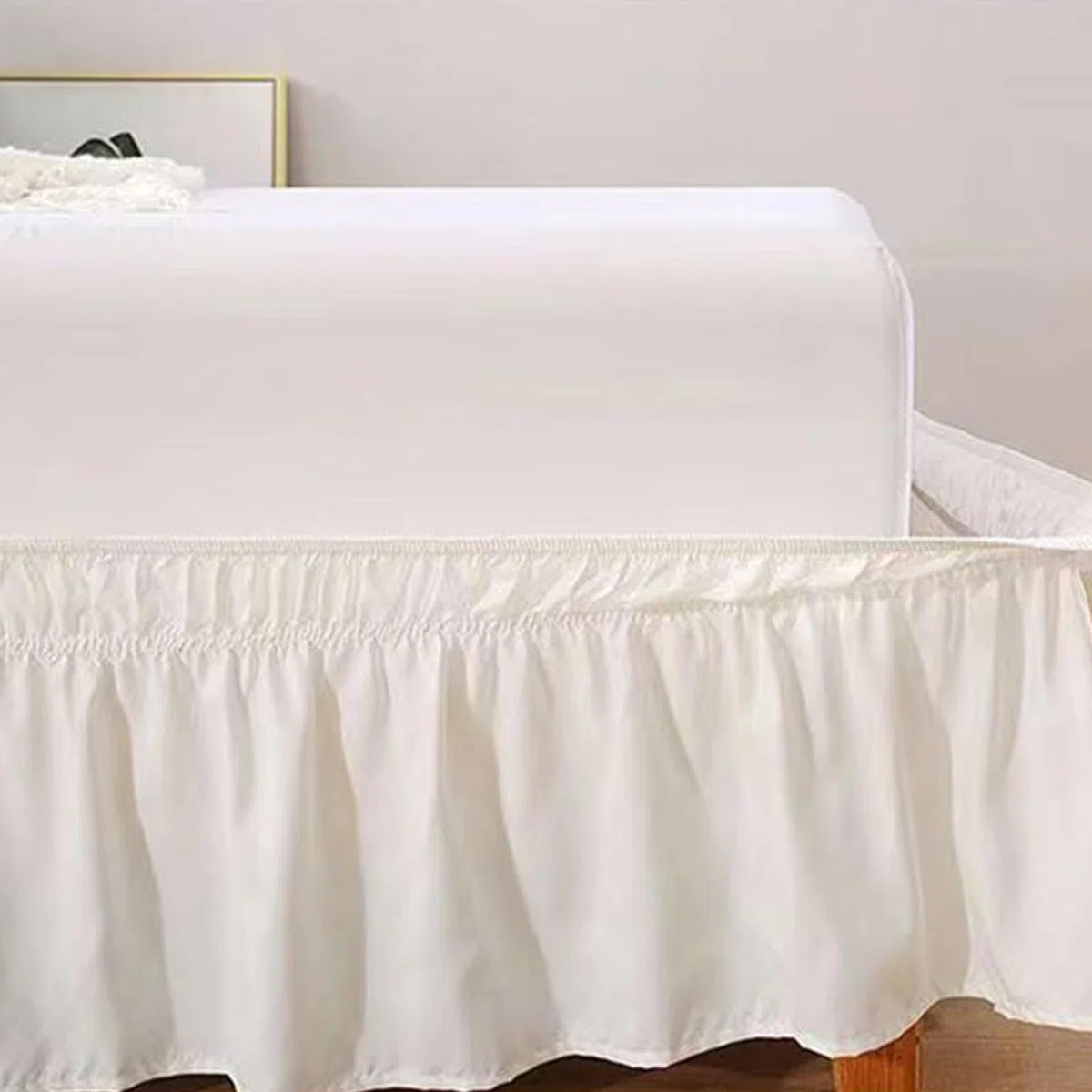 Gonna da letto con volant, gonna da letto a pieghe, volant elastici, gonna da letto in tinta unita con volant, stile avvolgente, gonna da letto con volant avvolgente elastica (153 x 203 x 38 cm)