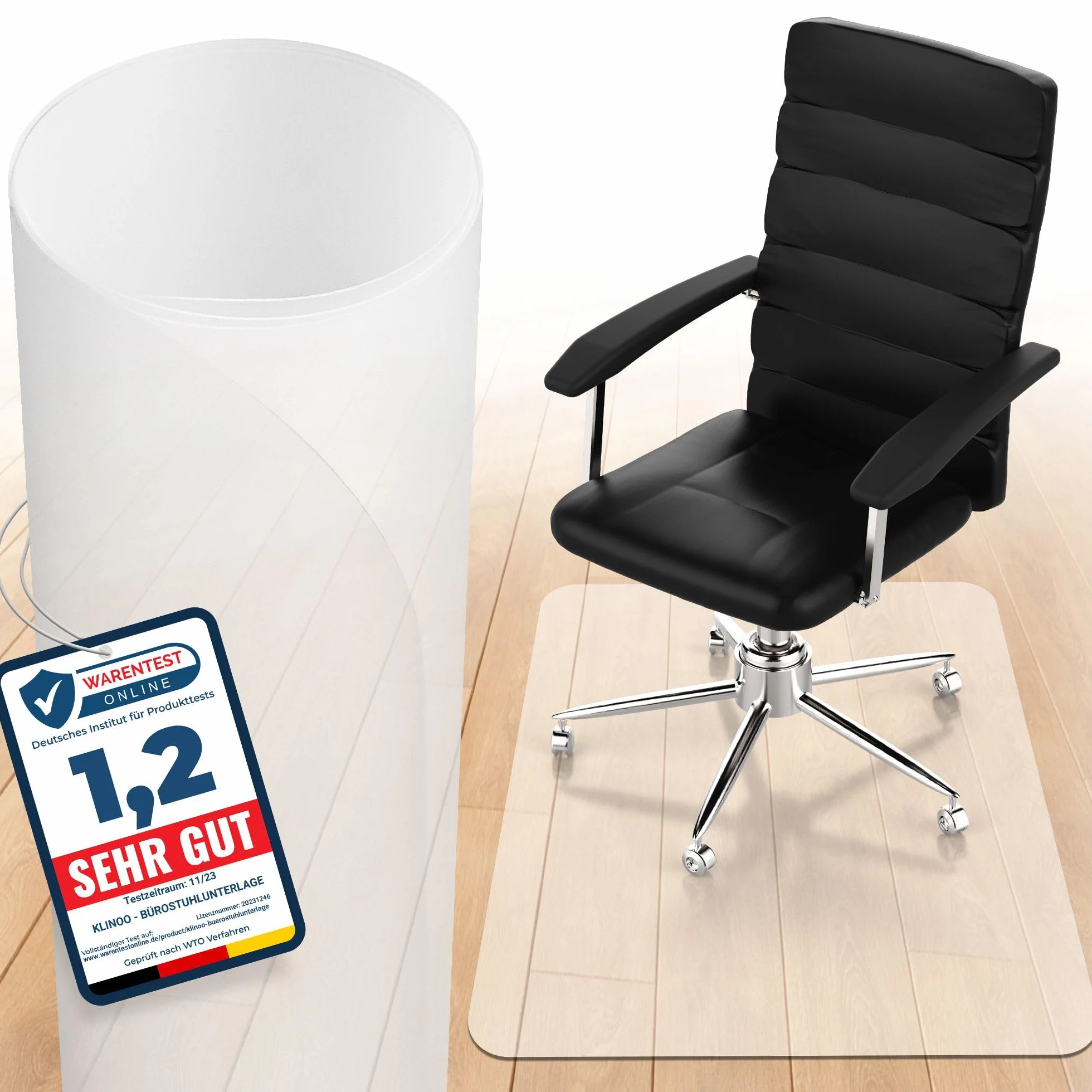 KLINO Tappetino protettivo trasparente, base per sedia da ufficio, antigraffio, di colore bianco latte, Made in Germany, 90 x 120 cm