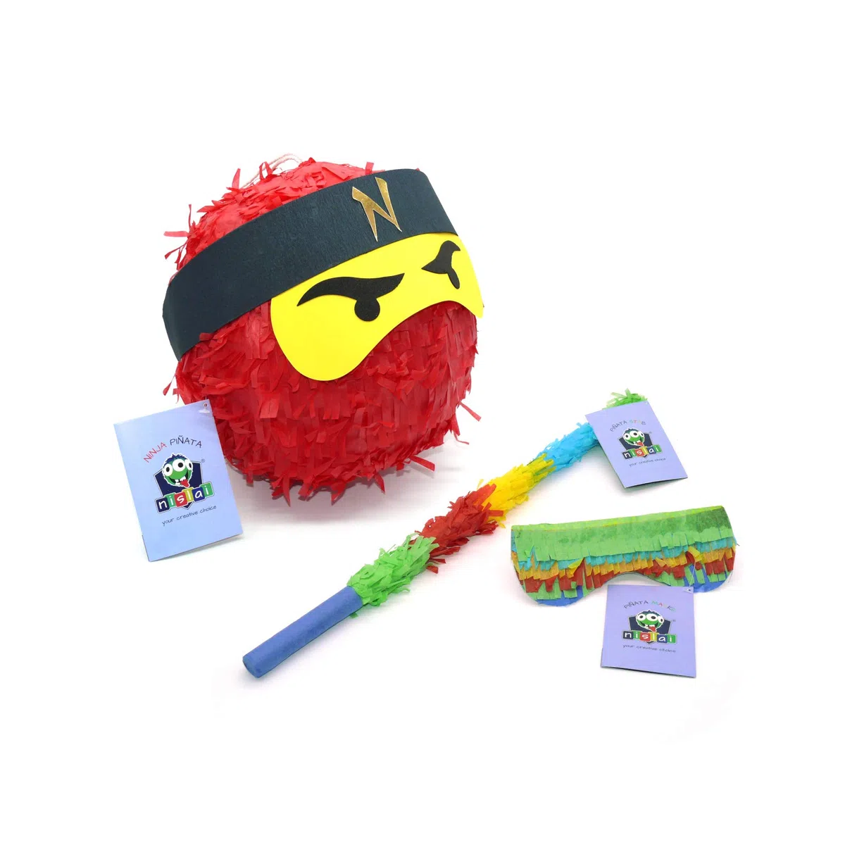 Ninja Pinata Set | Ideale per feste Ninja | Regalo Pinata | Compleanno | con bastone e maschera per gli occhi | Colore a scelta: verde, nero, blu, rosso