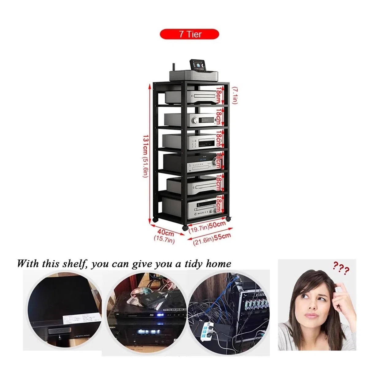 Generico mobile stereo hi fi rack hifi Mobiletto Stereo A 7 Livelli Con Ruote, Console Centrale, Ripiani Aperti For Dispositivi Multimediali, Supporto Audio Video For Ricevitori, Lettori DVD(Red)
