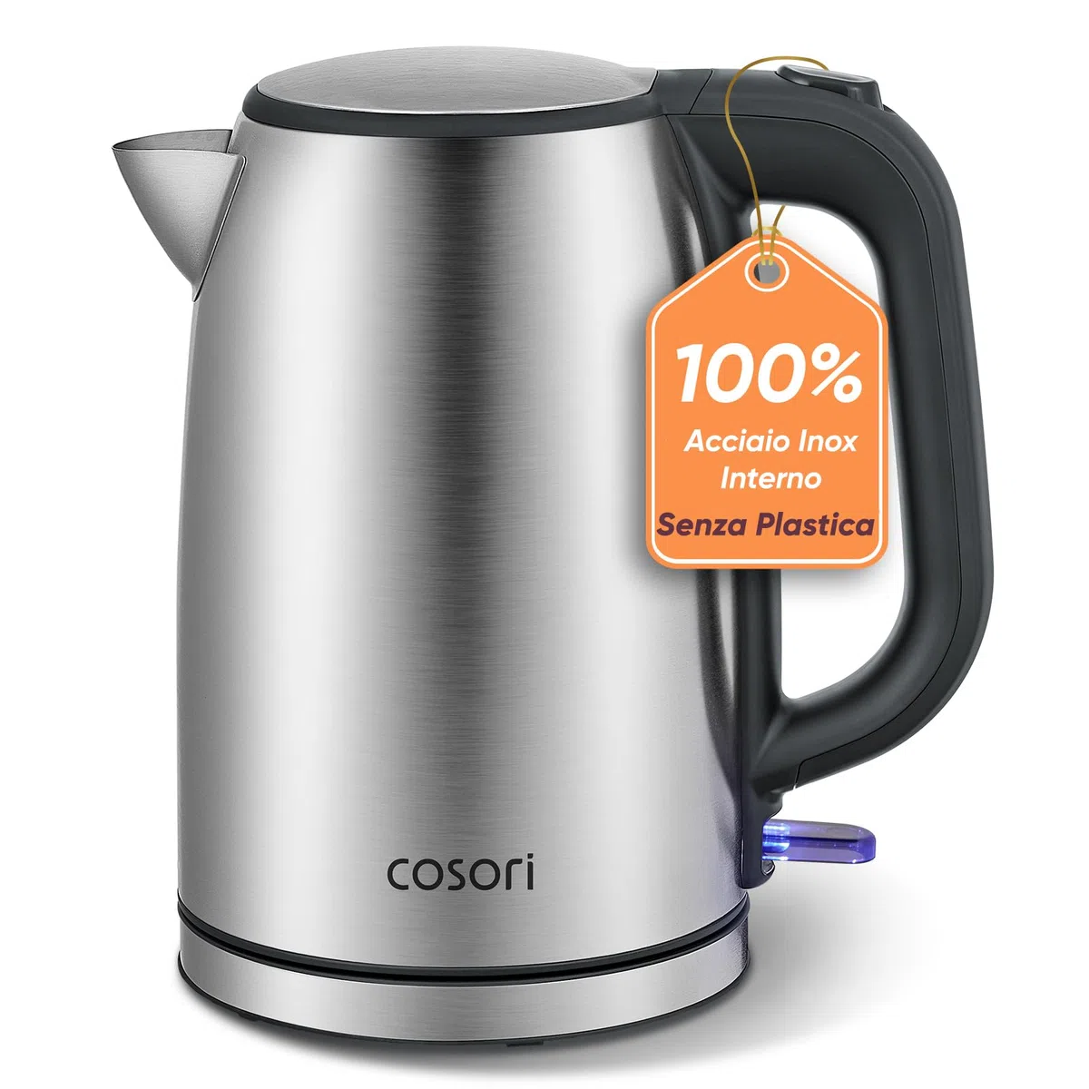 COSORI Bollitore Elettrico in Acciaio Inox 1,7 Litri, Contatto con l'Acqua Senza Plastica, 2200 W, Tecnologia del Strix, Base Girevole a 360°, Argento-Nero