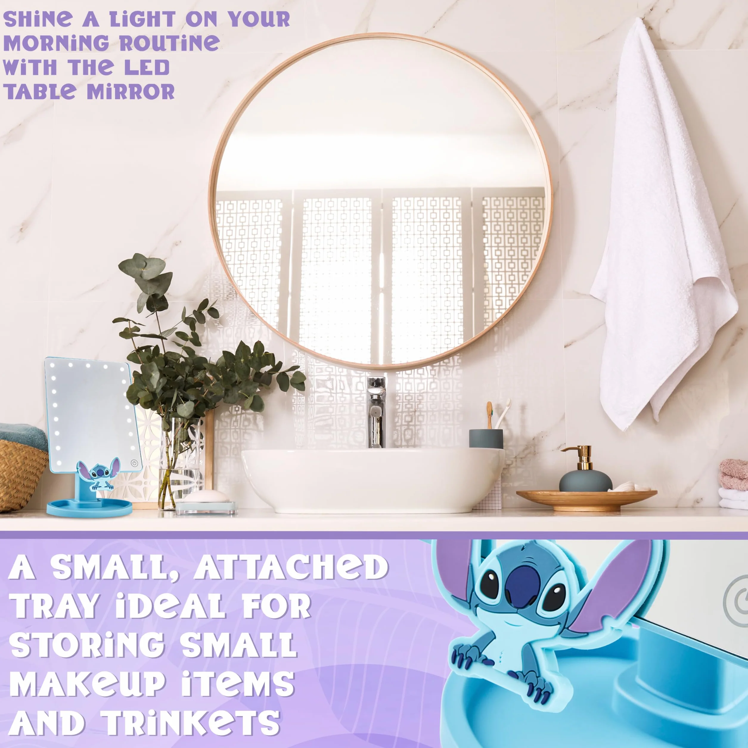 Disney Stitch LED Specchio da Tavolo con Vassoio Portaoggetti - Regalo Donna (Blu)