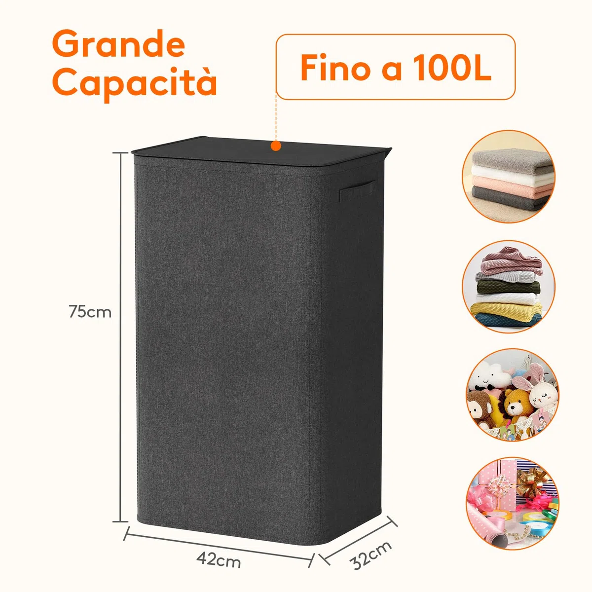 Lifewit Cesta Portabiancheria Salvaspazio con Coperchio 100L, Cesto Portabiancheria con Borsa Rimovibile, Portabiancheria Sporca Pieghevole per Camera da Letto, Bagno, Lavanderia, Nero