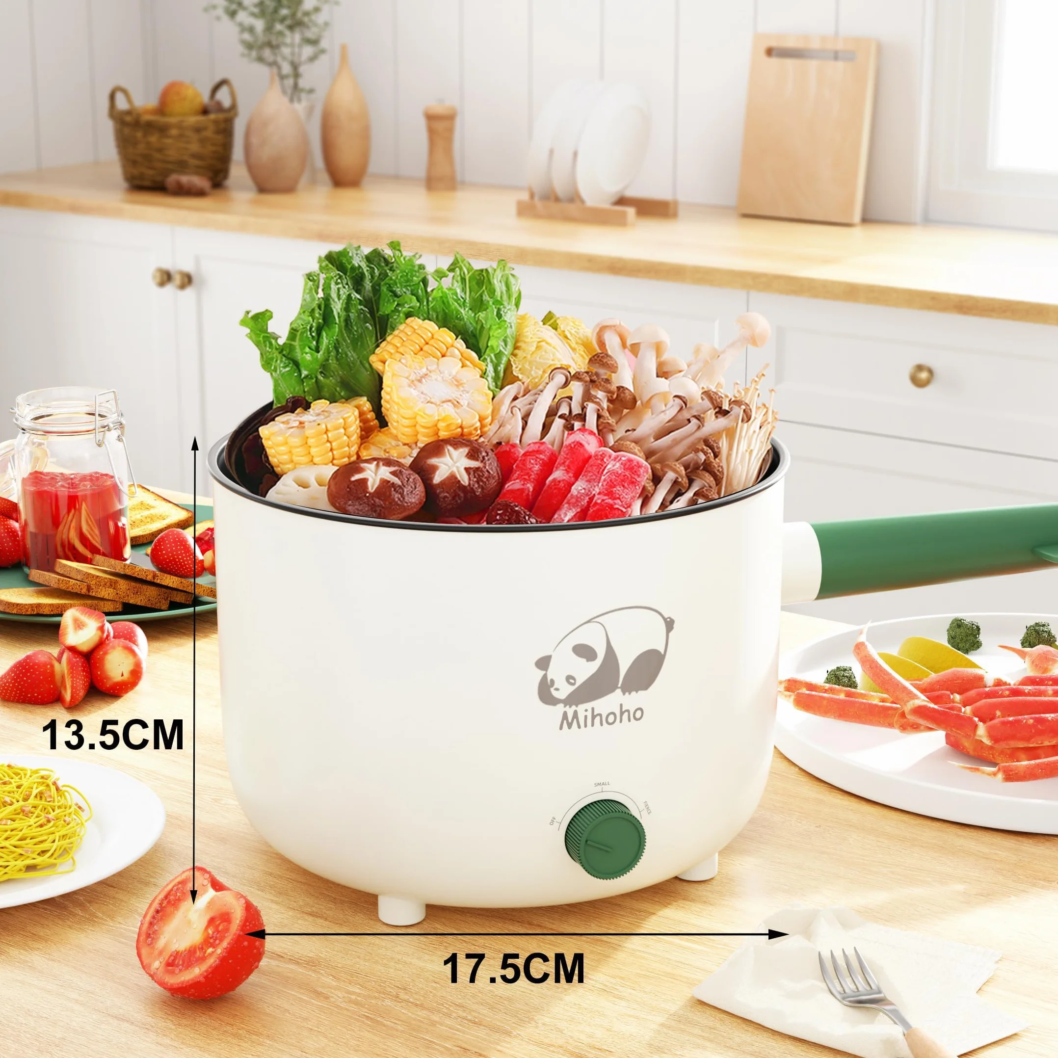 Pentola elettrica con vaporiera, padella antiaderente portatile con doppio controllo di potenza, cuocitore elettrico Shabu Shabu per noodle, farina d'avena, pasta, ramen, 1,5L (verde C)