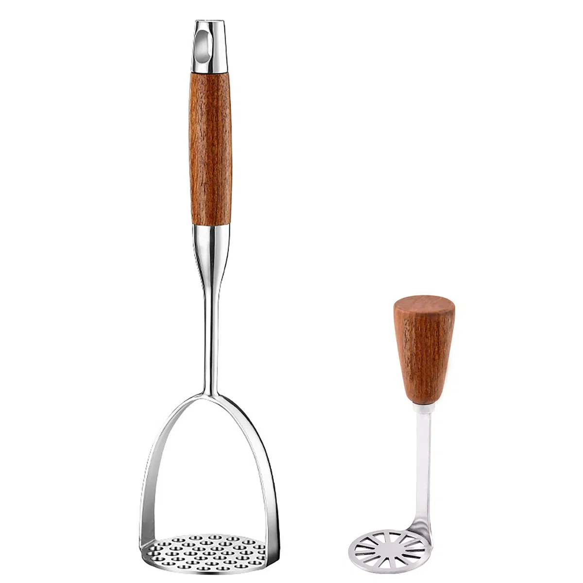 2 schiacciapatate in acciaio inox con manico in legno (1 grande + 1 piccolo), schiacciapatate da cucina, schiacciapatate per spremere carote, banane, fagioli, zucca, frutta