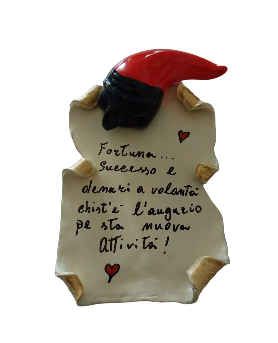cornetto corno portafortuna con pergamena e frase IN CERAMICA (ceramica 1)