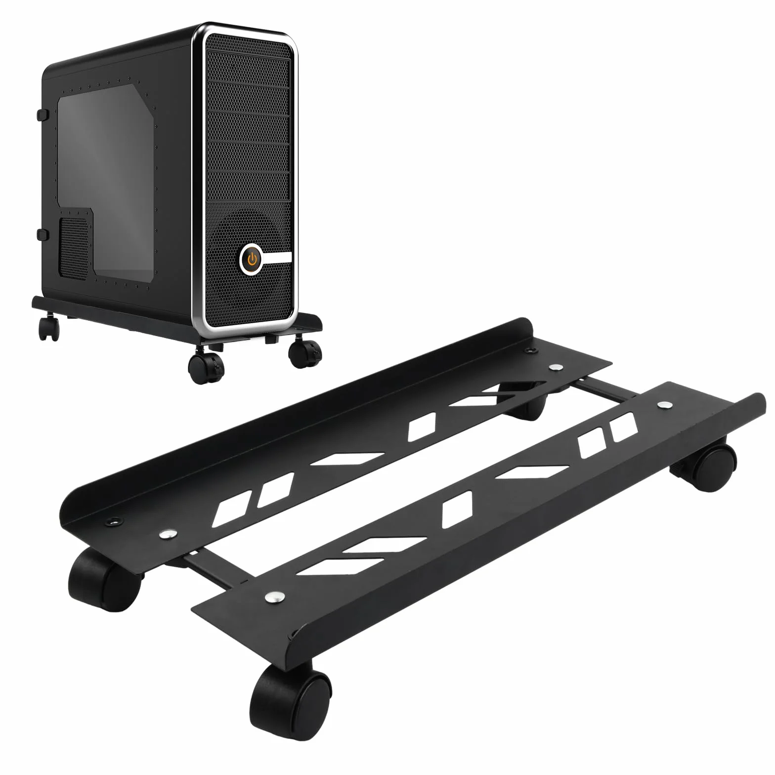 CPU Holder Cart, Supporto da Terra per CPU, Supporto per PC Case con 4 Rotelle Bloccabili Regolabile, Carrello PC per Computer Desktop PC Tower Nero ((49×19.5-25cm))