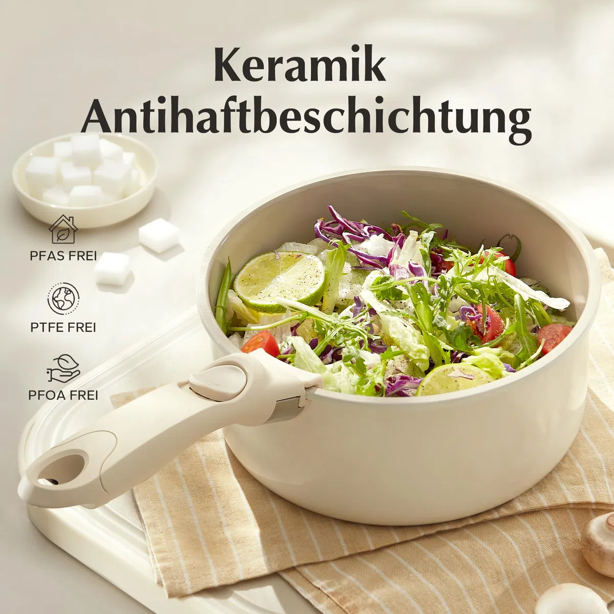 Redchef Set di Pentole Ceramica e Casseruola con manici rimovibili, pentole antiaderenti 16/18/20cm, coperchio ermetico 3-in-1, compatibile con induzione e tutti i piani cottura, resistenti al forno