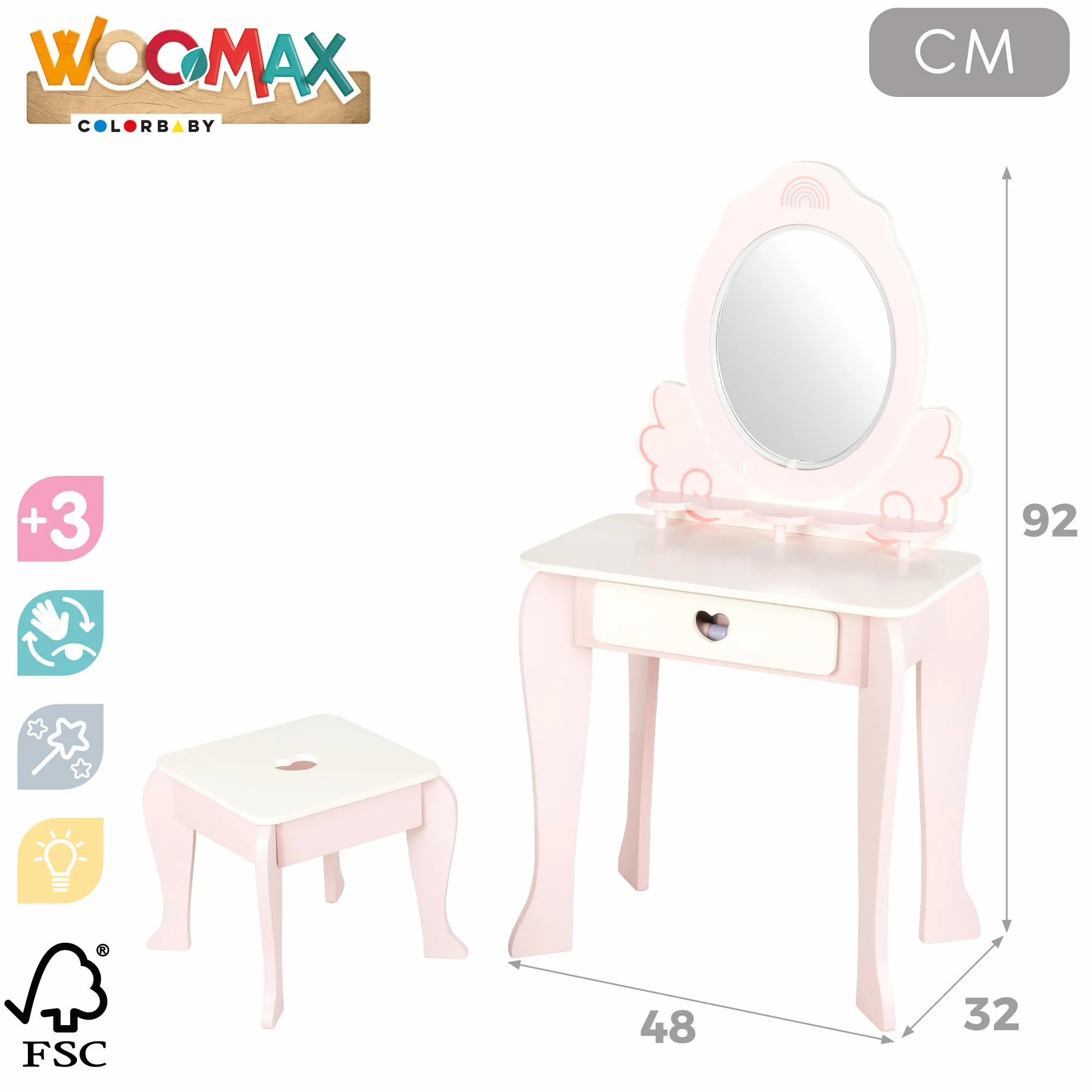 WOOMAX Tavolo da toeletta Bambina Sgabello in Legno Specchio con Luce 48x32x92cm Colori Pastello Inclusi Accessori Toletta Bambini Accessori Interattivi, Giocattoli per Bambini di 3 anni