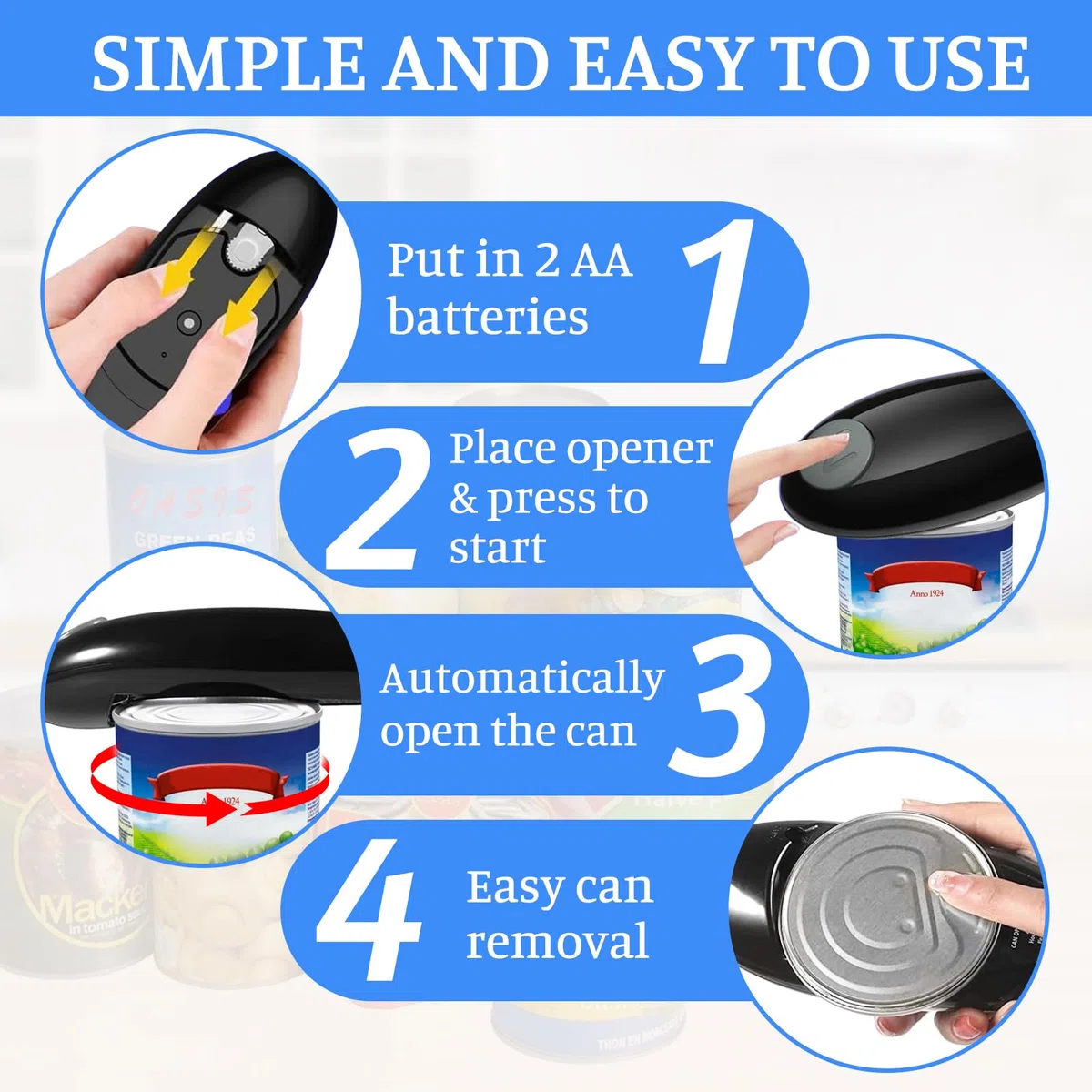 Apriscatole Elettrico, One Touch Automatico Apriscatole Mani Libere Design Compatto Senza Fili Gadget da Cucina con Bordo Liscio per Artritici/Anziani/Home