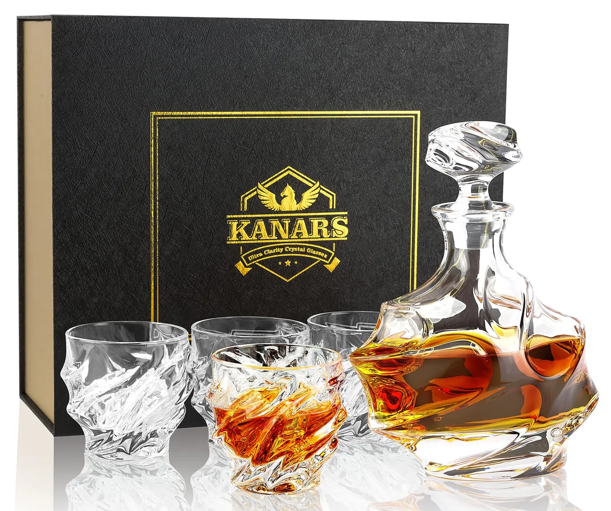 KANARS Bottiglie e Bicchieri da Whisky, Decanter da Whiskey Cristallo, 750 ml Bottiglia con 4x 260 ml Bicchieri per Cognac, Martini, Whisky, Scotch, Bourbon, Bellissimo Regalo, 5 Pezzi