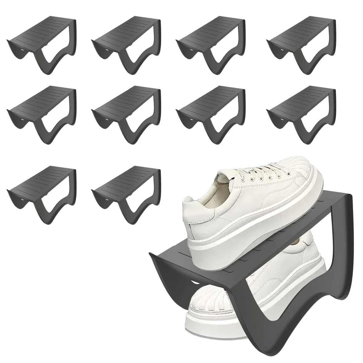 UISEBRT 10 scomparti per scarpe in robusto polipropilene, antiscivolo, salvaspazio, per casa, ingresso, guardaroba, grigio