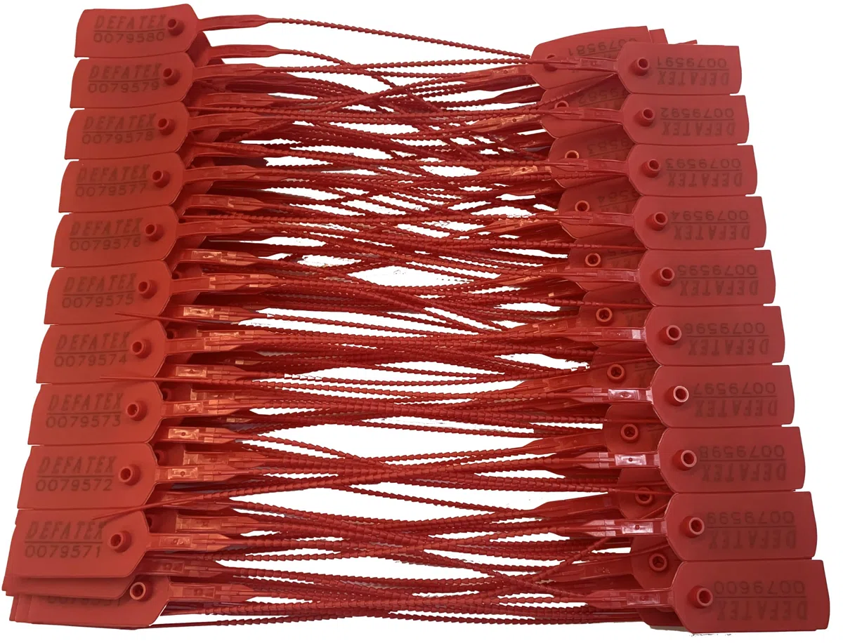 100 Sigilli di sicurezza in plastica. Economico, regolabile con un'applicazione veloce e sicura. Lungh. 20 cm. Numerazione progressiva. Applicazioni: logistica, trasporti, imballaggio, etc.