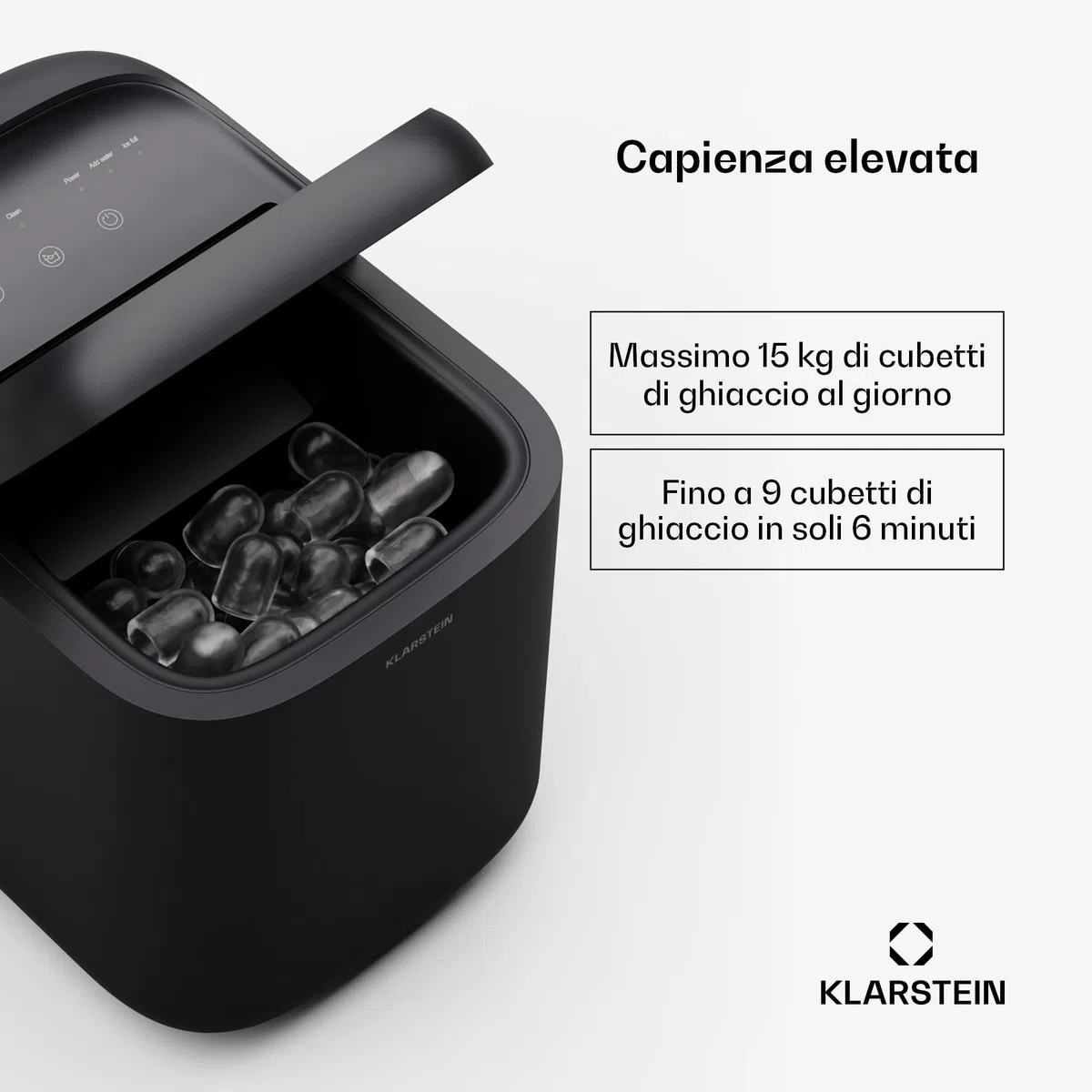 KLARSTEIN SparkIce - Macchina del Ghiaccio, 15 kg/24h, Cubetti in 6 Min, Touchpad, Pulizia Automatica, Cubetti in 2 Dimensioni, Macchina del Ghiaccio da Casa, Ice Maker con Paletta, Nero