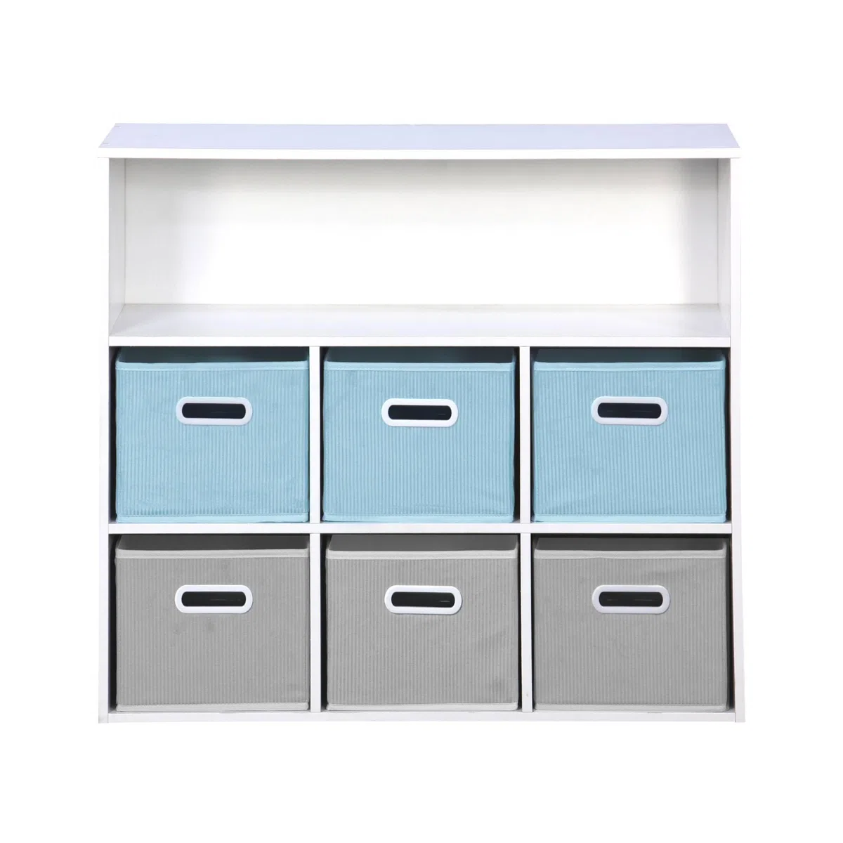 Libreria per bambini con 6 cestini in velluto, Camille, Blu, 129.5x76.2x70 cm
