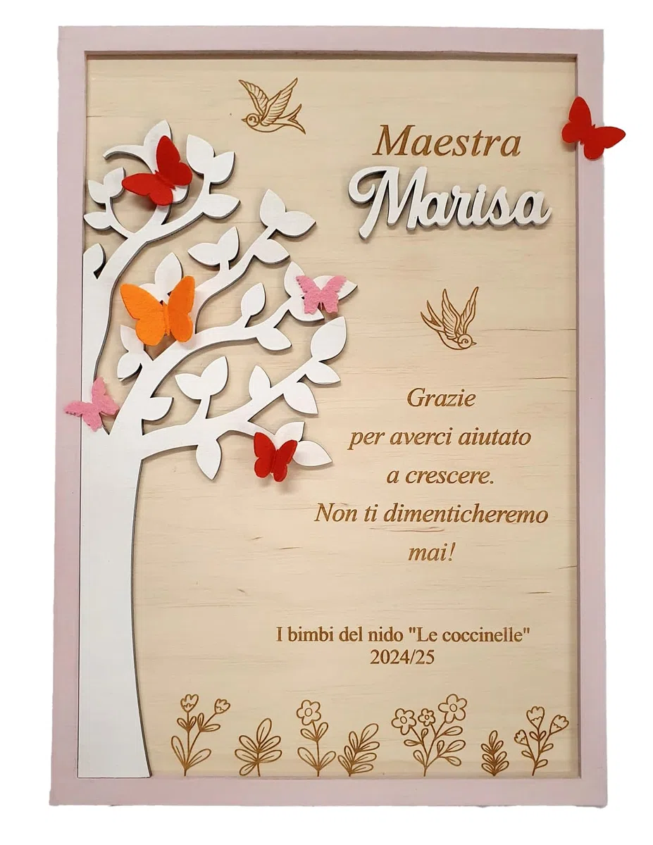 Quadro di Ringraziamento per Maestra Maestro Personalizzato, Decorazione in Legno con Farfalle ed albero della vita, idea regalo di fine anno, chiusura scuola - dedica personalizzata