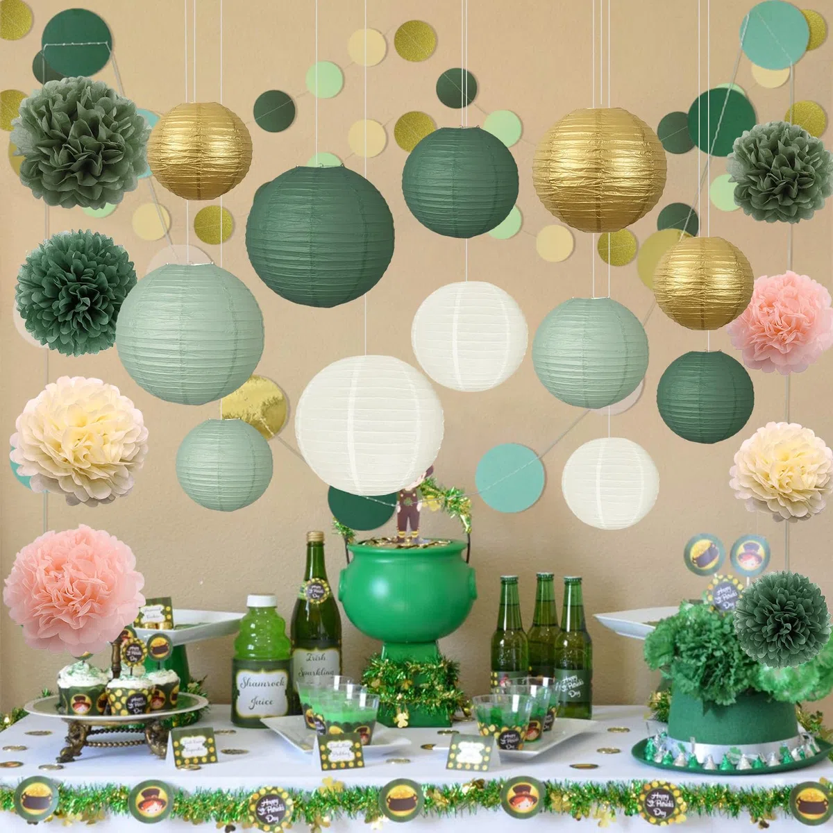Set di 23 lanterne di carta, verde salvia e oro, lanterne rotonde di carta per sposa, decorazioni di nozze, feste di compleanno, giardino, verde salvia