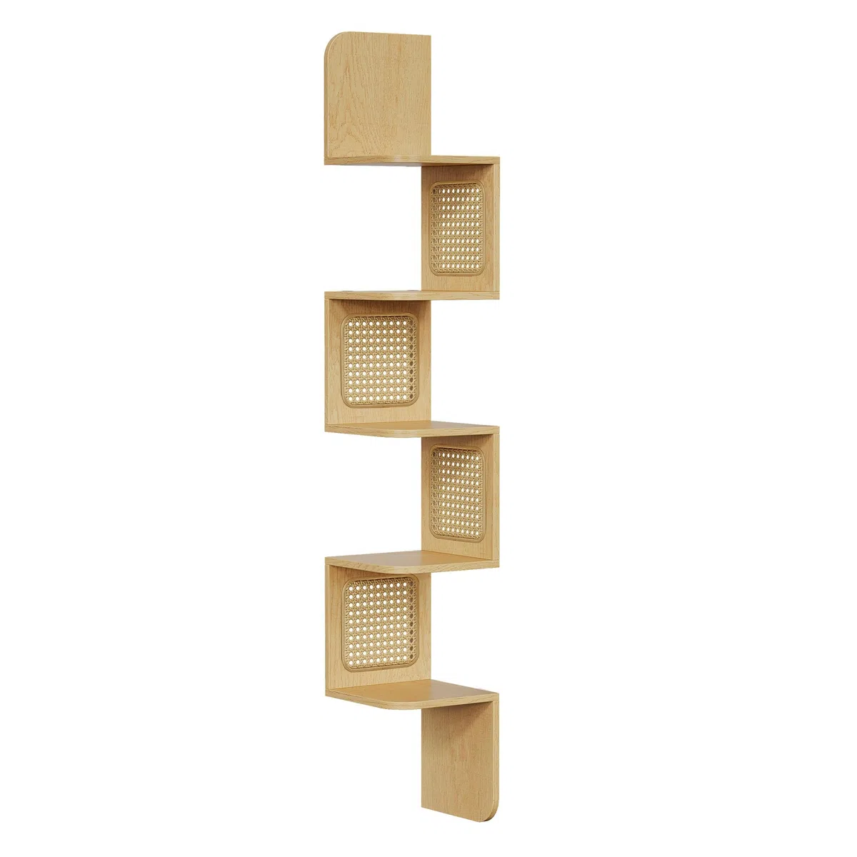 VASAGLE Libreria Angolare, Mensola Angolare da Muro a 5 Ripiani, Portante di 25 kg, Lati in Rattan PVC, Scaffale Compatto, Cucina Camera da Letto Soggiorno, Stile Boho, Beige Rovere LLS582Y57