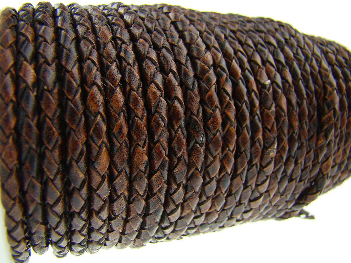 Corda in pelle intrecciata rotonda 3 mm, Marrone anticato – Lunghezza: a scelta, Nero , 5 metri