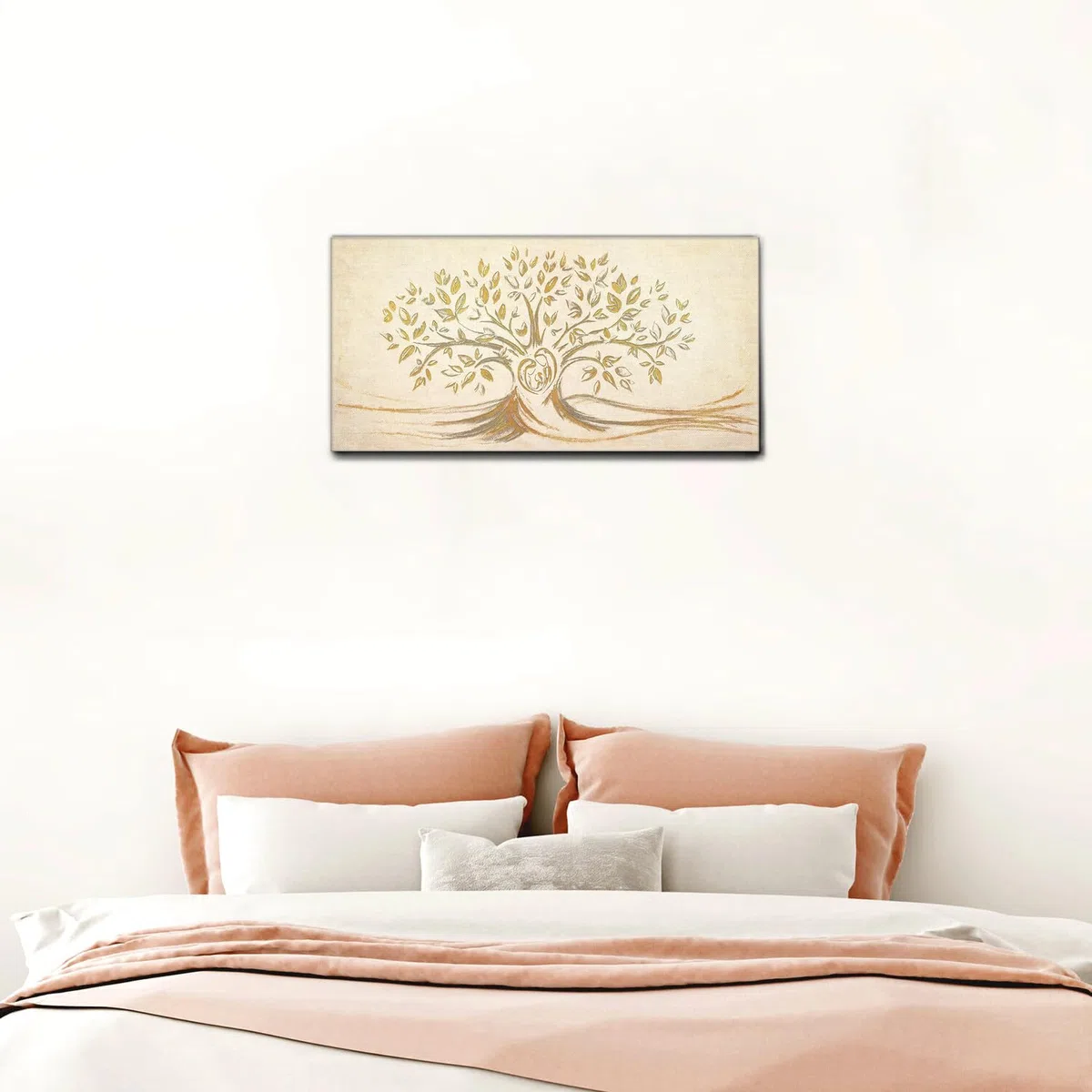 Giallobus - Quadro - 05 - Capezzale Moderno - Sacra Famiglia e Albero della Vita - Gold&Rose - Tela Canvas Telaio Standard - 100x50 - Pronto da Appendere - Quadri Moderni per la casa