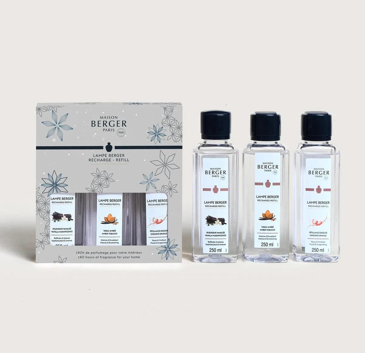 Lampe Berger - TrioPack Collezione Rosalie - Set 3 Flaconi da 250ml - Pètillance - Tabacco e Ambra - Vaniglia Splendente - in Elegante Confezione Regalo