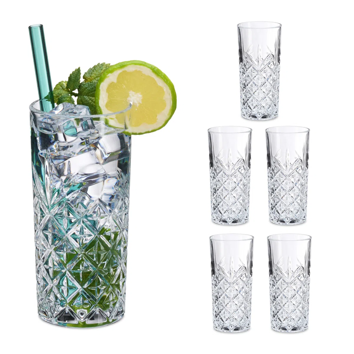 Relaxdays Bicchieri da Cocktail e Long Drink, Tumbler Alti da 300 ml, Calici in Vetro per Gin Tonic, Mojito, Trasparenti