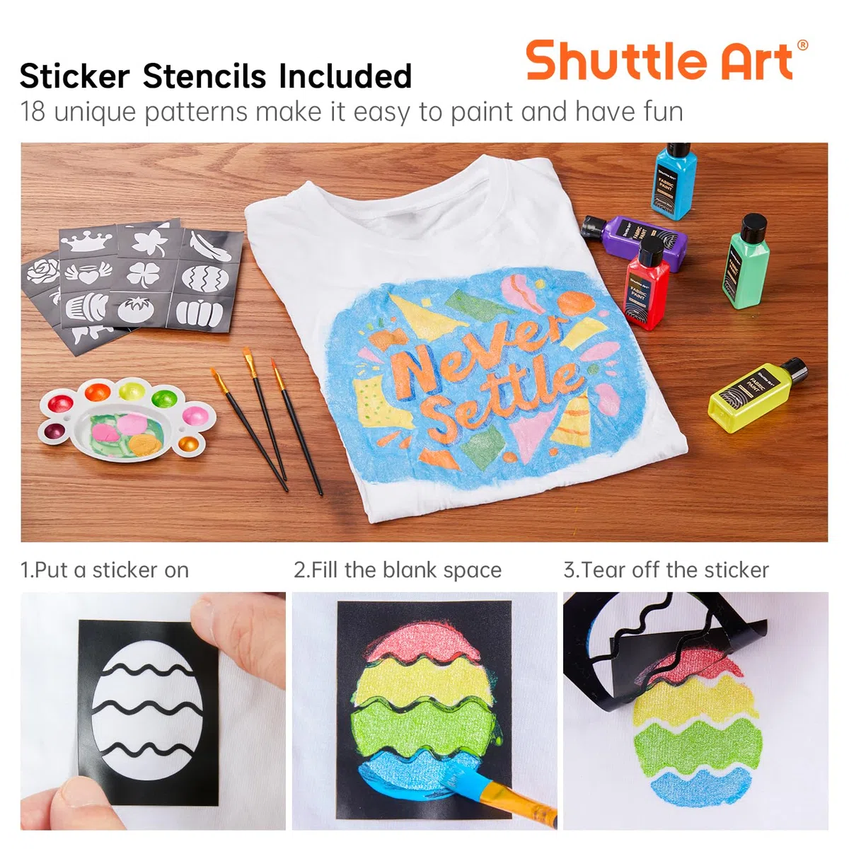 Shuttle Art 18 colori metallici per tessuti lavabili in lavatrice, colori resistenti al lavaggio in bottiglie, 60 ml, con pennelli, modelli, colori per tessuti per bambini su t-shirt, scarpe, jeans