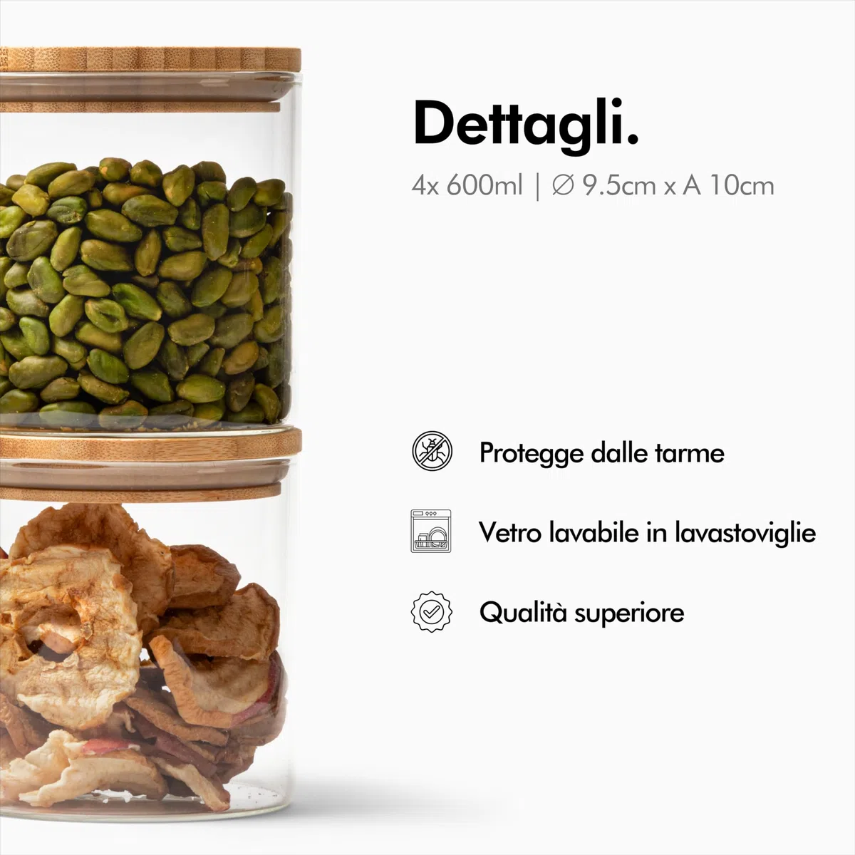 KIVY Barattoli Vetro Ermetici [4x 600ml] - Barattolo Vetro con Coperchio - Barattolo Sale Zucchero Caffè - Barattoli Cucina in Bambù - Contenitore Sale - Porta Pasta con Coperchio