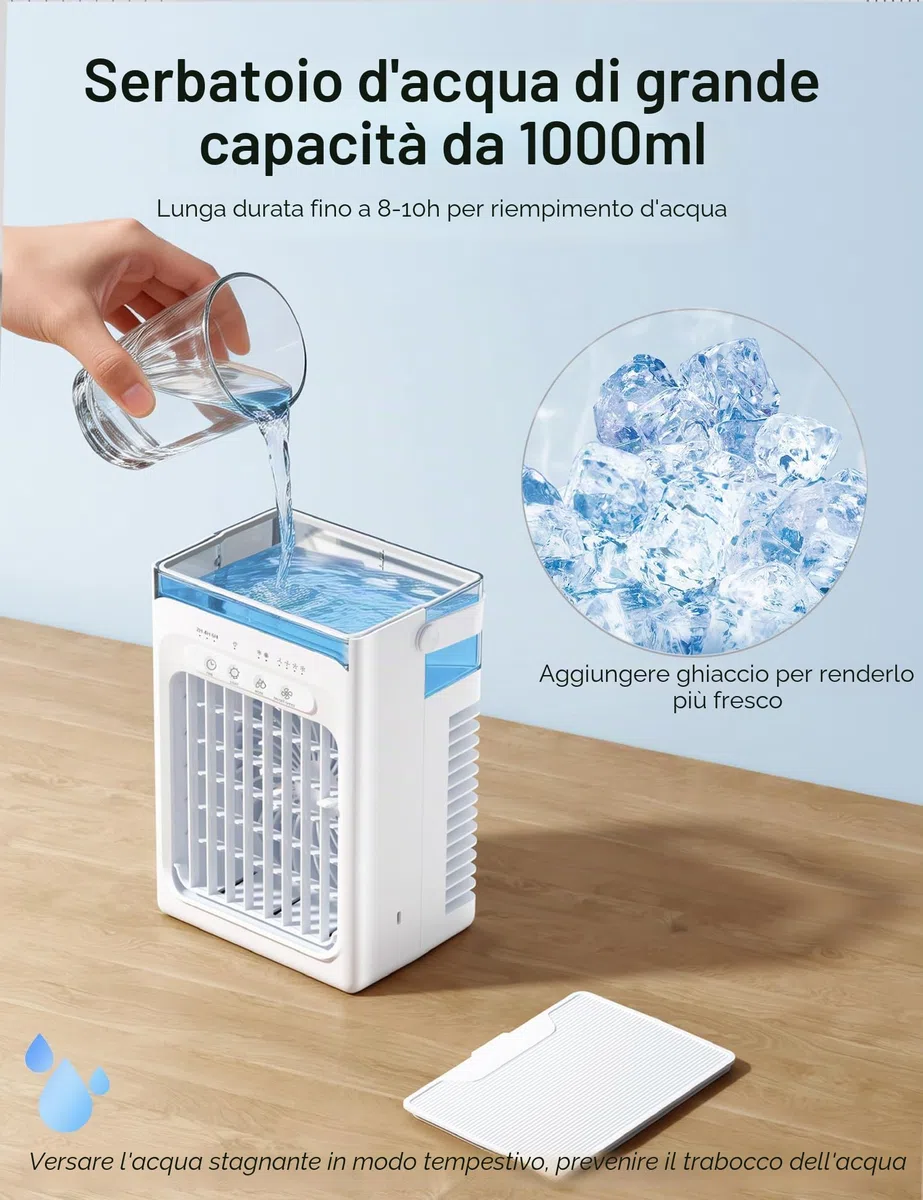 Mini Condizionatore Portatile, Ventilatore con Ghiaccio, 1000 ML Raffrescatore d'Aria con Doppio Motore, 3 Velocità, Nebbia Fredda, Timer 2/4/6H, Luci LED, per Casa, Ufficio (Bianco‌)