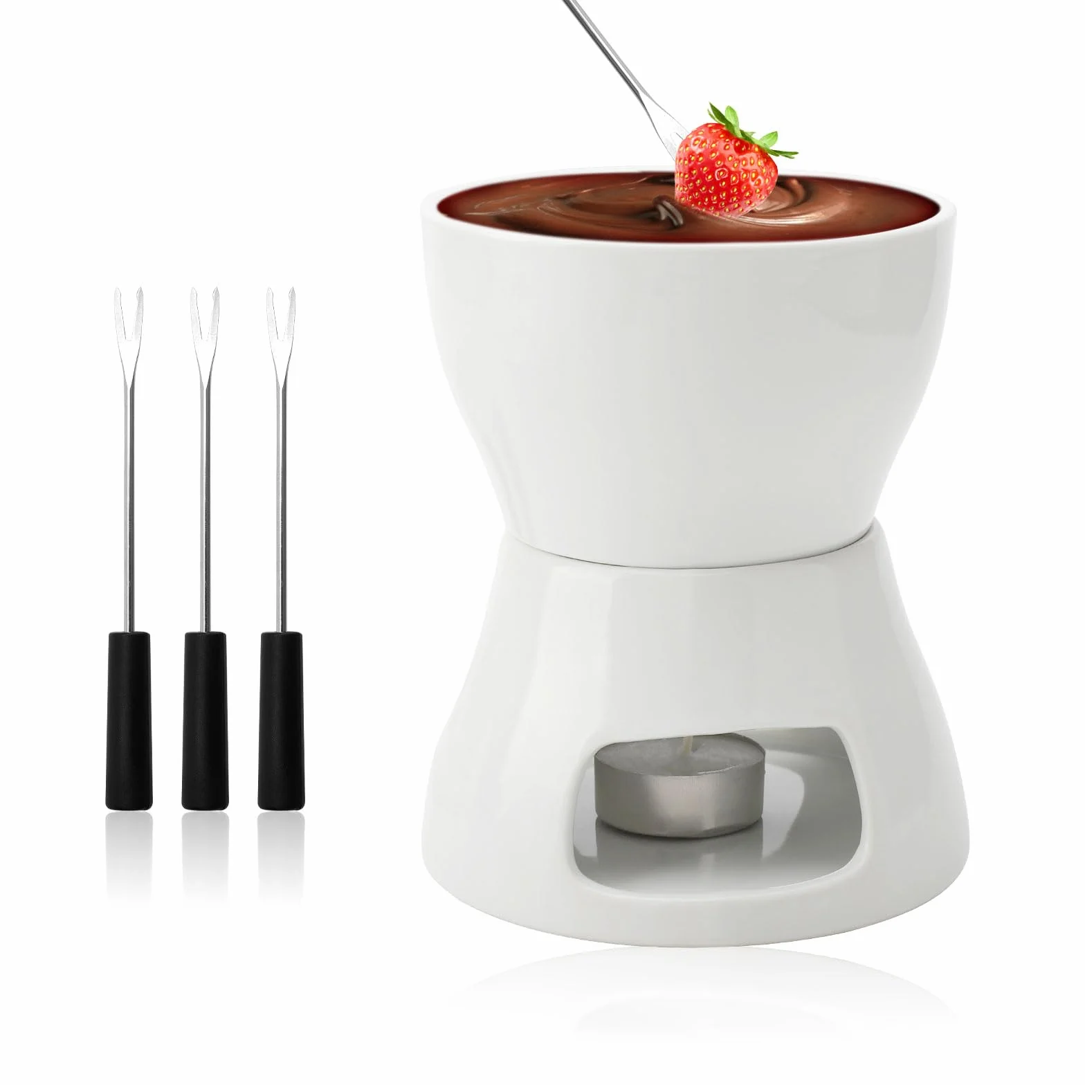 DAWRIS Set Fonduta in Ceramica per Cioccolato e Formaggio, Ciotola in Ceramica con Portacandela e 4 Gabeln, Set Fonduta per Cioccolato e Formaggio per Famiglia e Dessert