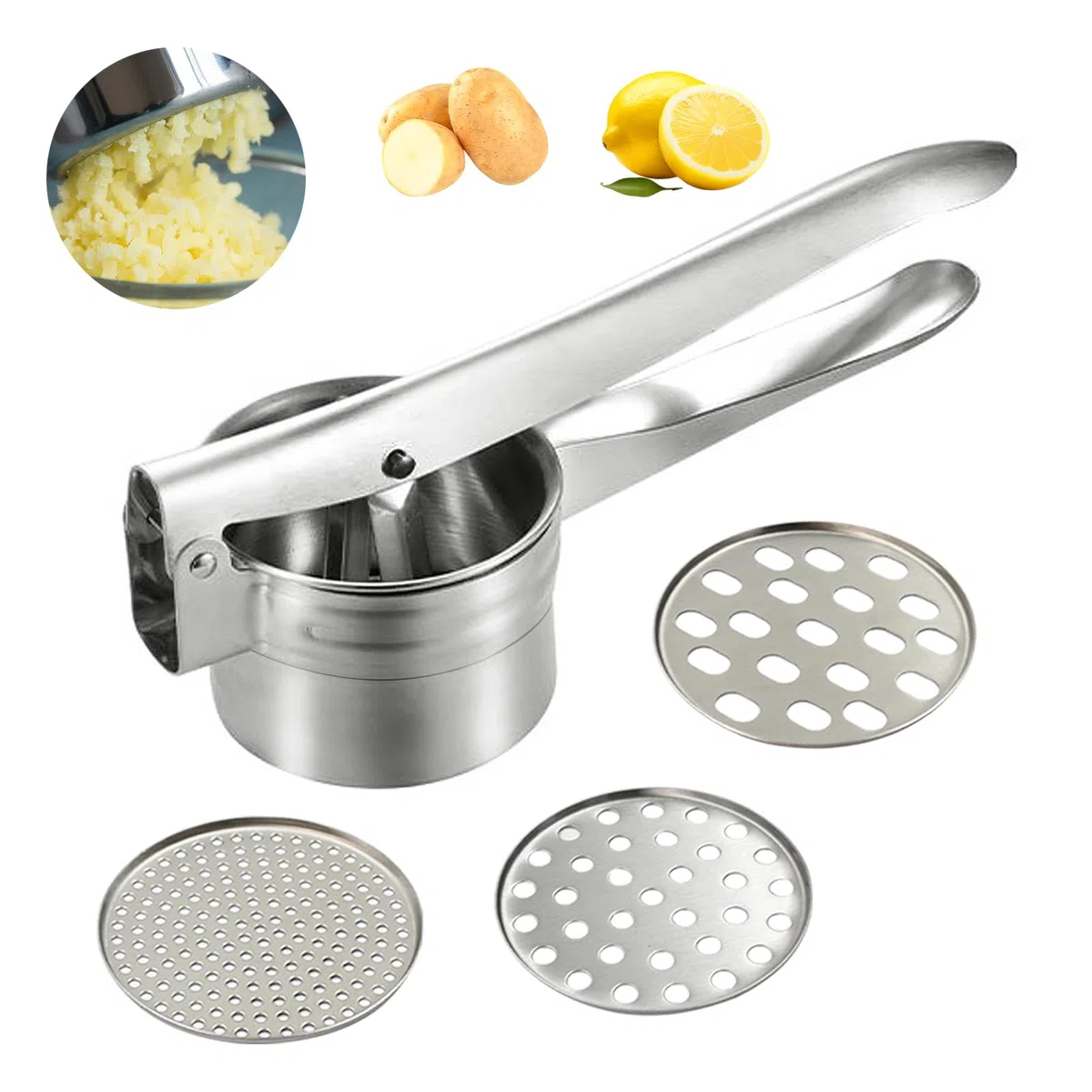 Schiacciapatate Manuale in Acciaio Inox, Professionale Potato Ricer, Pressa per Purè di Patate Liscie, Marmellata, Verdure E Frutta, con 3 colini sostituibili (Fine Medio Grossolano)