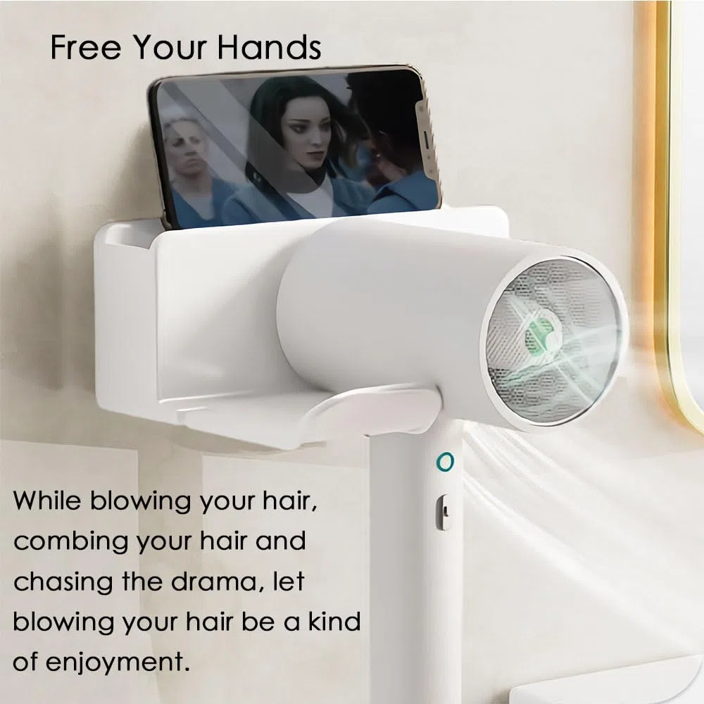 Porta Phone Bagno da Muro, Porta Asciugacapelli, supporto Asciugacapelli, Porta per Asciugacapelli da Parete, Supporto Phon da Parete, Autoadesivo, da Appendere Alla Parete per il Bagno (Bianco)