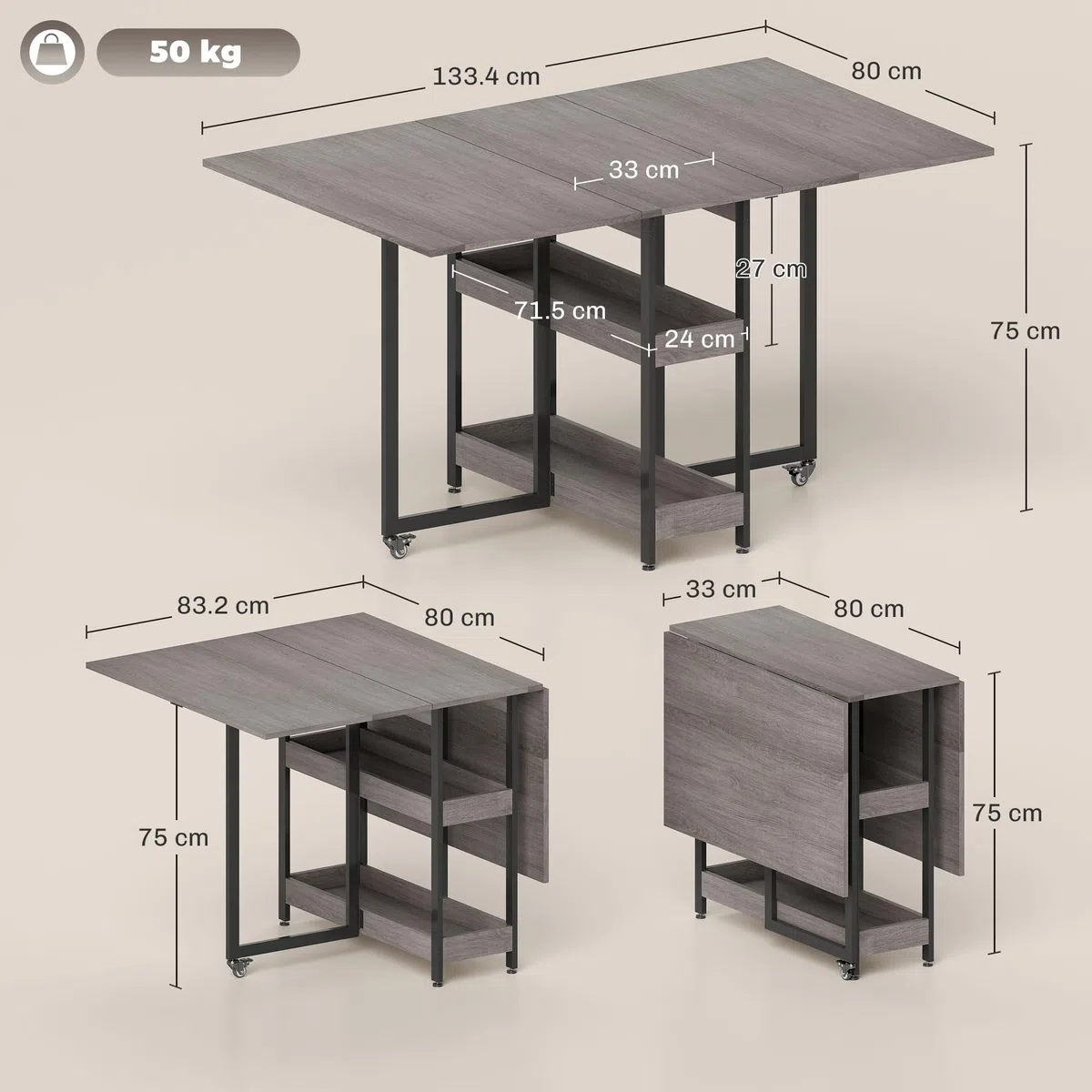 HOMCOM Tavolo da Pranzo Pieghevole, Tavolo Cucina a Ribalta con Ruote per 4 Persone, Scrivania Richiudibile Salvaspazio con 2 Ripiani Aperti, Ideale per Soggiorno, Ufficio, 133.4x80x75 cm, Grigio