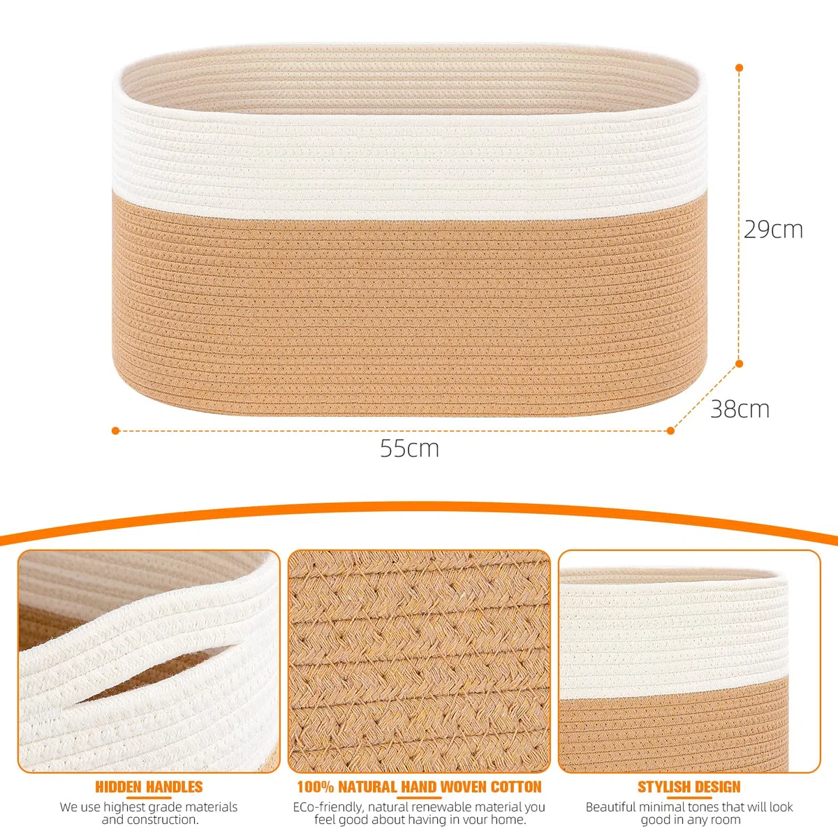 Cesta Portabiancheria, 65L Cesto Portaoggetti con Manici, Secchi per La Biancheria Cesta Giochi Bambini Grande per Cuscini per Giocattoli, Soggiorno, Camera da Letto (55 X 38cm,Juta e bianco)