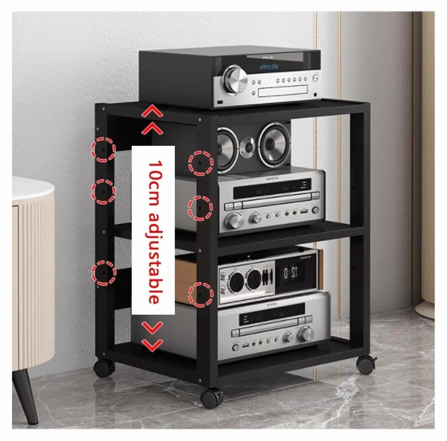 Mensola AV HiFi regolabile a 7 livelli, supporto multimediale video con ruote universali, rack audio mobile for soggiorno, camera da letto, studio(Nero)
